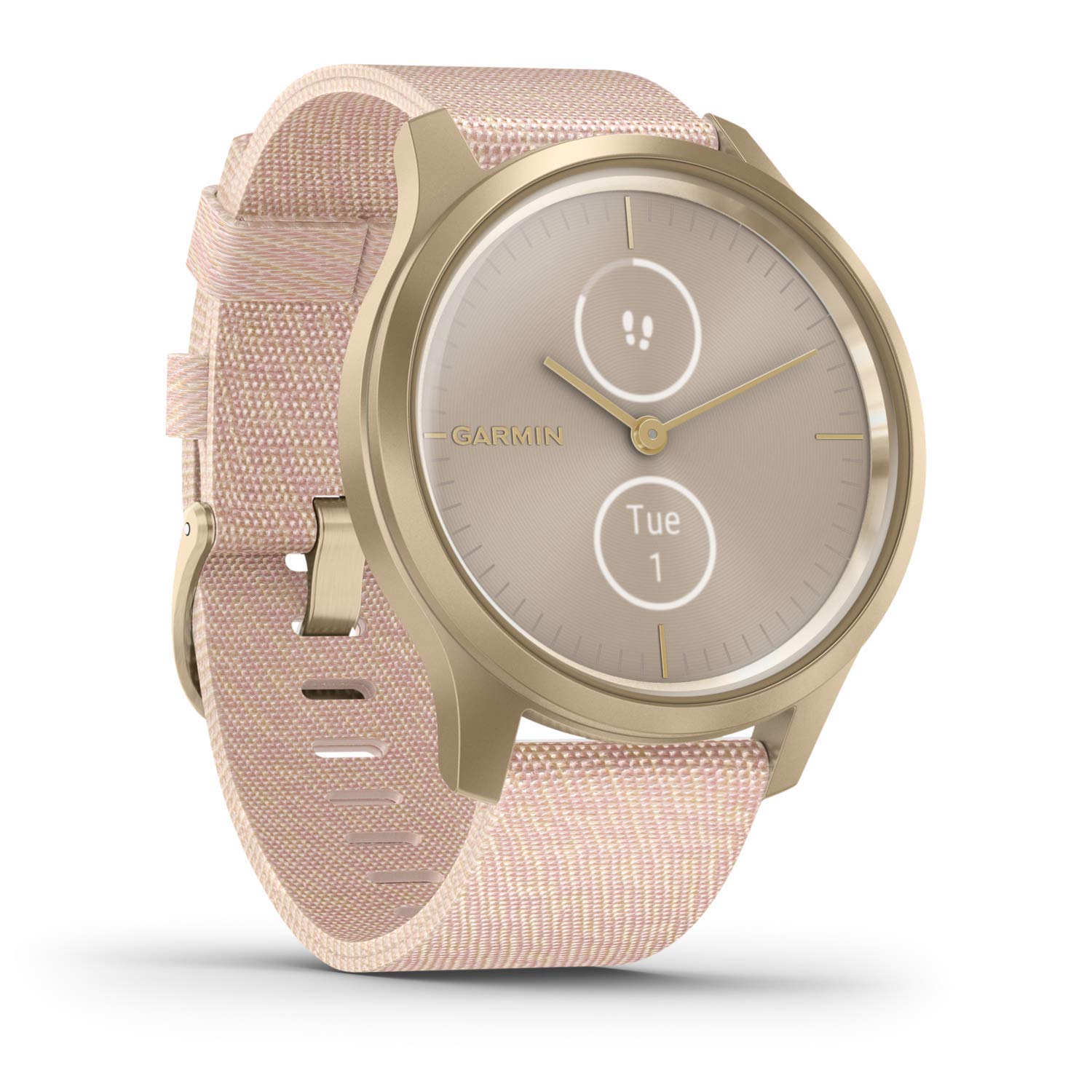 خرید از آمازون - Garmin vívomove 3S – schlanke, stilvolle Hybrid-Smartwatch mit analogen Zeigern Weißgold / Rosa Jacquard vivomove Style Champagne-Dust Rose. Fabric Single