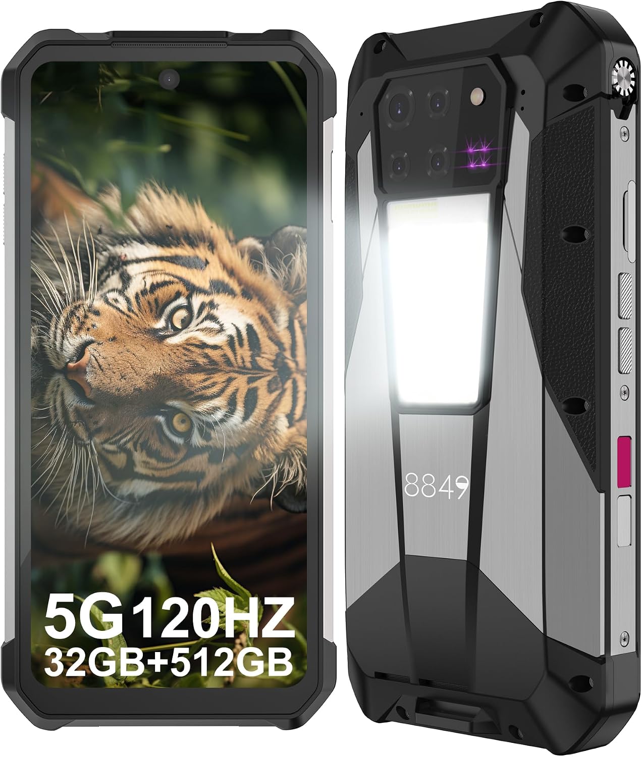 گوشی موبایل هوشمند 8849 Tank 3 Pro Outdoor بدون قرارداد، تلفن هوشمند 23800 میلی آمپر ساعتی 5G در فضای باز با پروژکتور، 32 گیگابایت رم + 512 گیگابایت ROM، 6.79 اینچ ضد آب اندروید 14 دو سیم کارته هوشمند، 2 ترابایت قابل ارتقا OTG/GPS