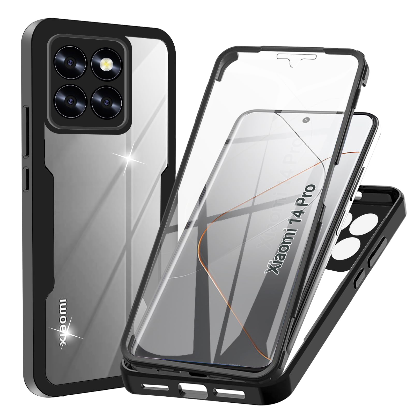 قاب محافظ WeiCase برای Xiaomi 14 pro، قاب محافظ شفاف 360 درجه با محافظ صفحه نمایش یکپارچه، قاب گوشی موبایل سیلیکونی بسیار نازک ضد ضربه برای Xiaomi 14 pro، مشکی Xiaomi 14 pro Black