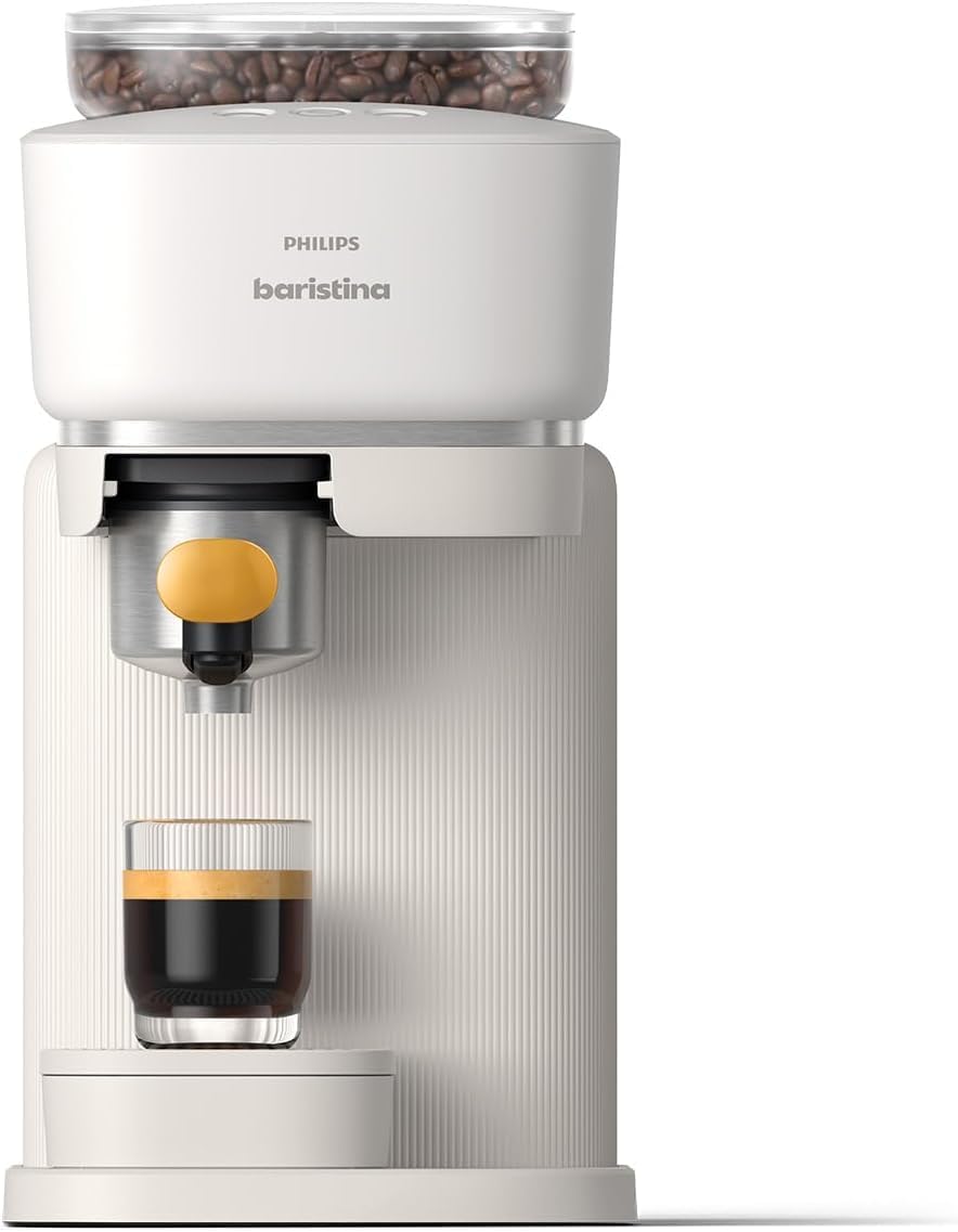 اسپرسو ساز فیلیپس باریستینا Philips BAR300/03- قهوه ساز جمع و جور، سفید طبیعی با پورتافیلتر زرد انبه، فشار پمپ ۱۶ بار، آسیاب اتوماتیک