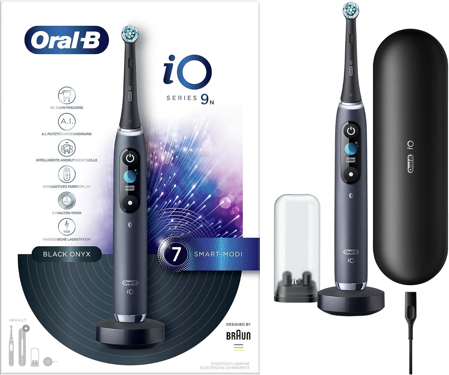 مسواک برقی اورال بی آمریکا Oral-B iO Series 9 / مسواک برقی، 7 حالت مسواک زدن برای مراقبت از دندان، فناوری مغناطیسی و تجزیه و تحلیل سطح دندان سه بعدی، صفحه نمایش رنگی و کیف مسافرتی شارژ، هدیه برای مرد/زن، اونیکس سیاه (قدیمی) سیاه اونیکس