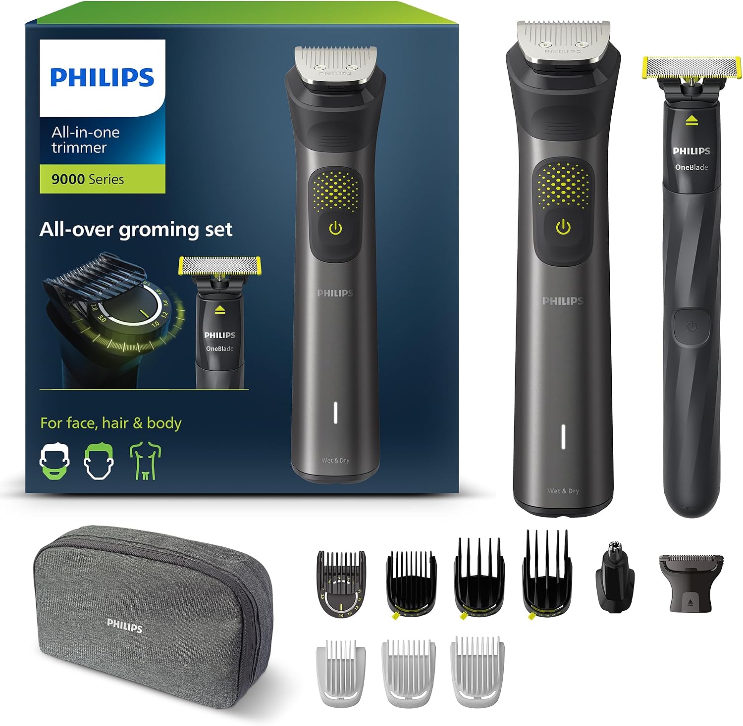 ماشین اصلاح ریش تراش فیلیپس هلند Multigroom Series 9000، اصلاح کننده ریش و موی 13 در یک شامل OneBlade، برای صورت، سر و بدن، 27 تنظیم طول (0.2-20 میلی متر) (مدل MG9530/15)، مشکی [جدید] 13 در-. 1 شامل نسخه مشکی OneBlade