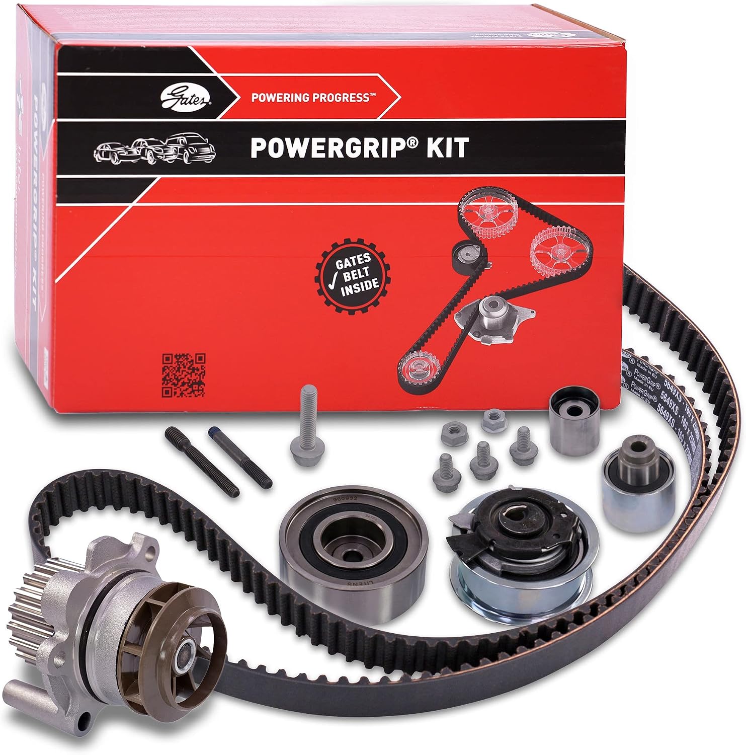 کیت کامل تسمه تایم آئودی GATES PowerGrip + واترپمپ مدل KP15648XS-1 با بلبرینگ و قطعات جانبی + پمپ آب KP25649XS-1