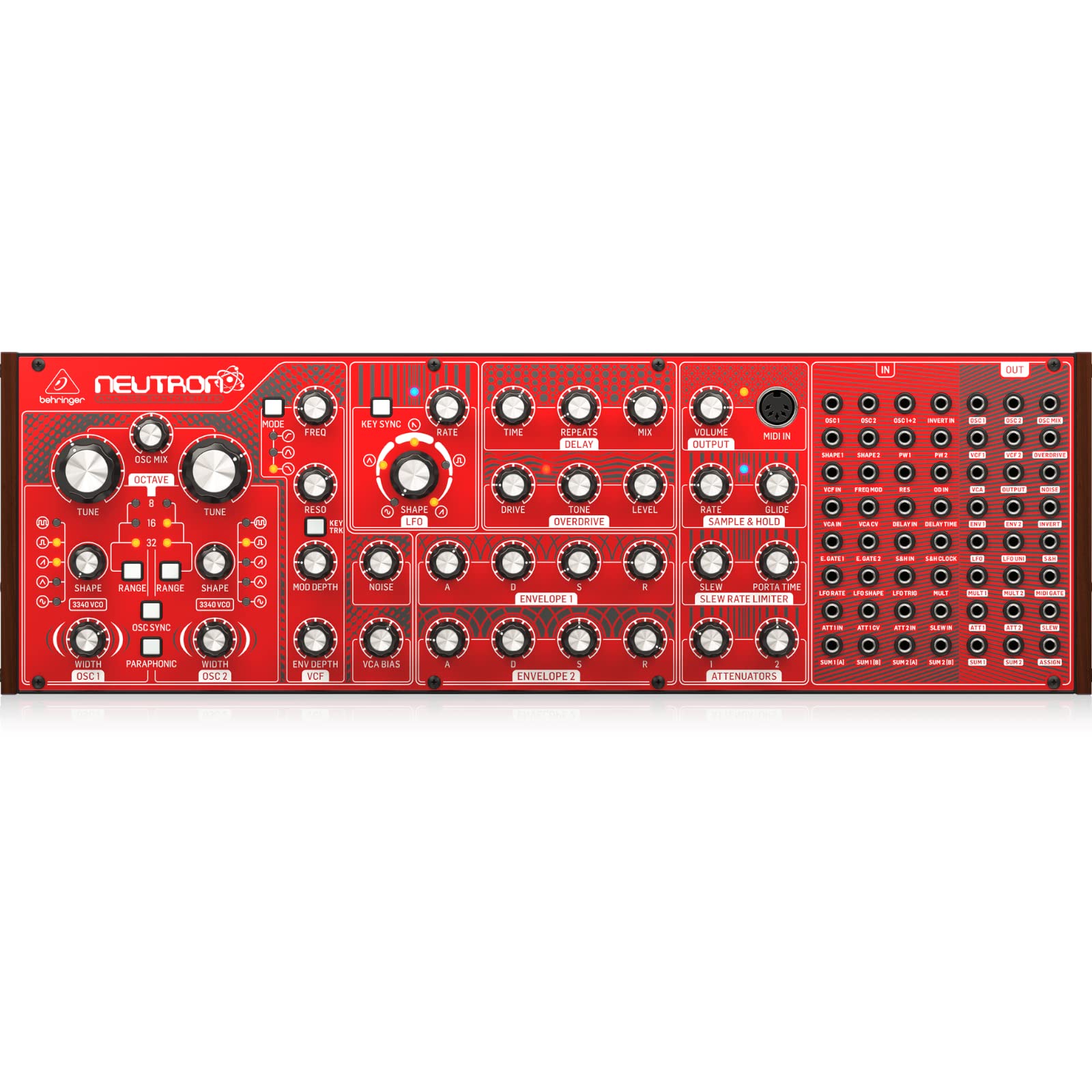 خرید از آمازون - سینتی سایزر آنالوگ و نیمه مدولار پارافونیک Behringer NEUTRON با دو VCO 3340، VCF چند حالته، 2 ADSR، تاخیر BBD و مدار Overdrive در فرمت Eurorack NEUTRON Single