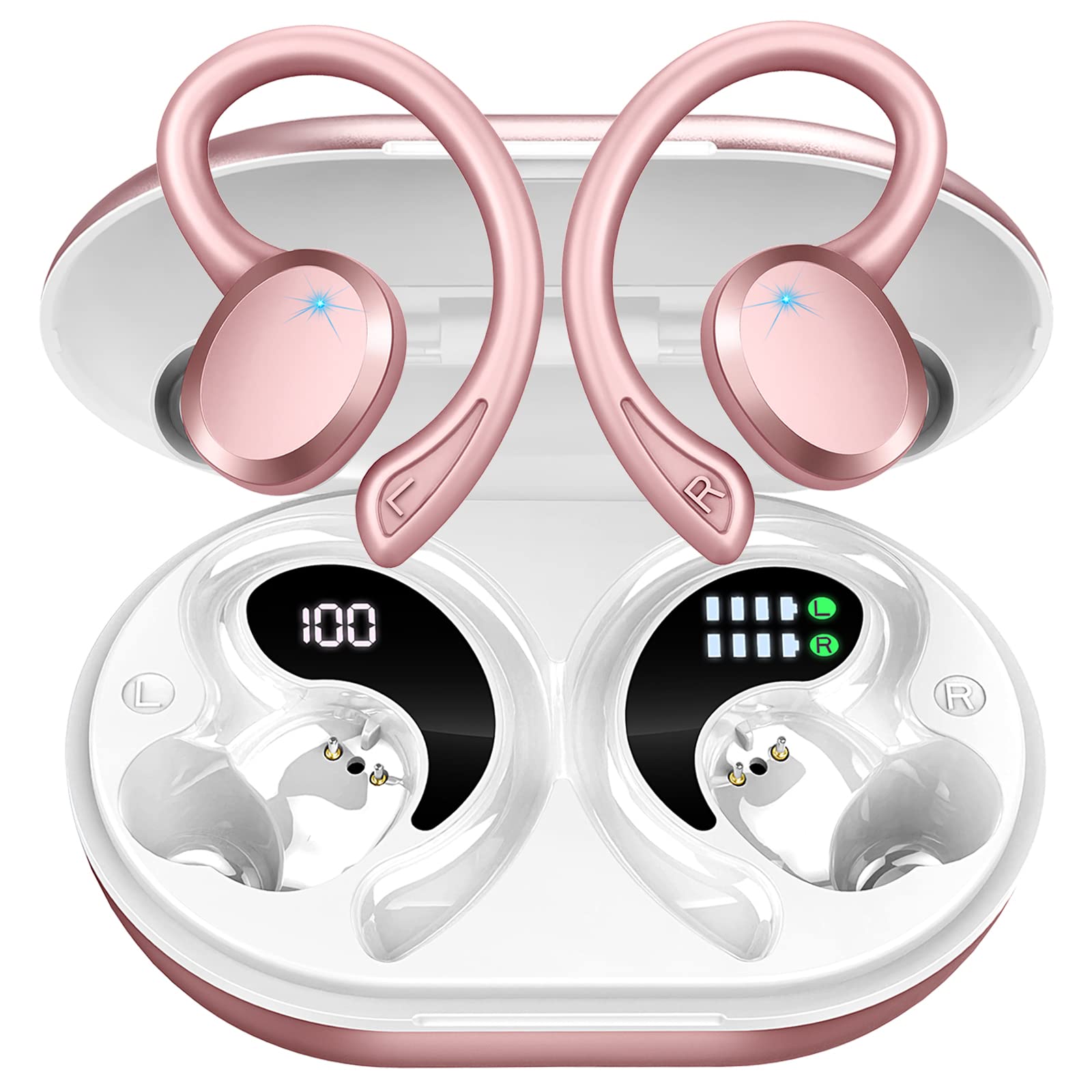 خرید از آمازون - هدفون بلوتوث اسپورت، هدفون داخل گوش بی‌سیم بلوتوث 5.3 استریو HiFi، [2023] هدفون بی‌سیم درایور 13 میلی‌متری با میکروفون HD، هدفون 48 ساعته با براکت، جعبه شارژ IP7 ضد آب/800 میلی‌آمپر ساعت USB-C LED صورتی رنگ