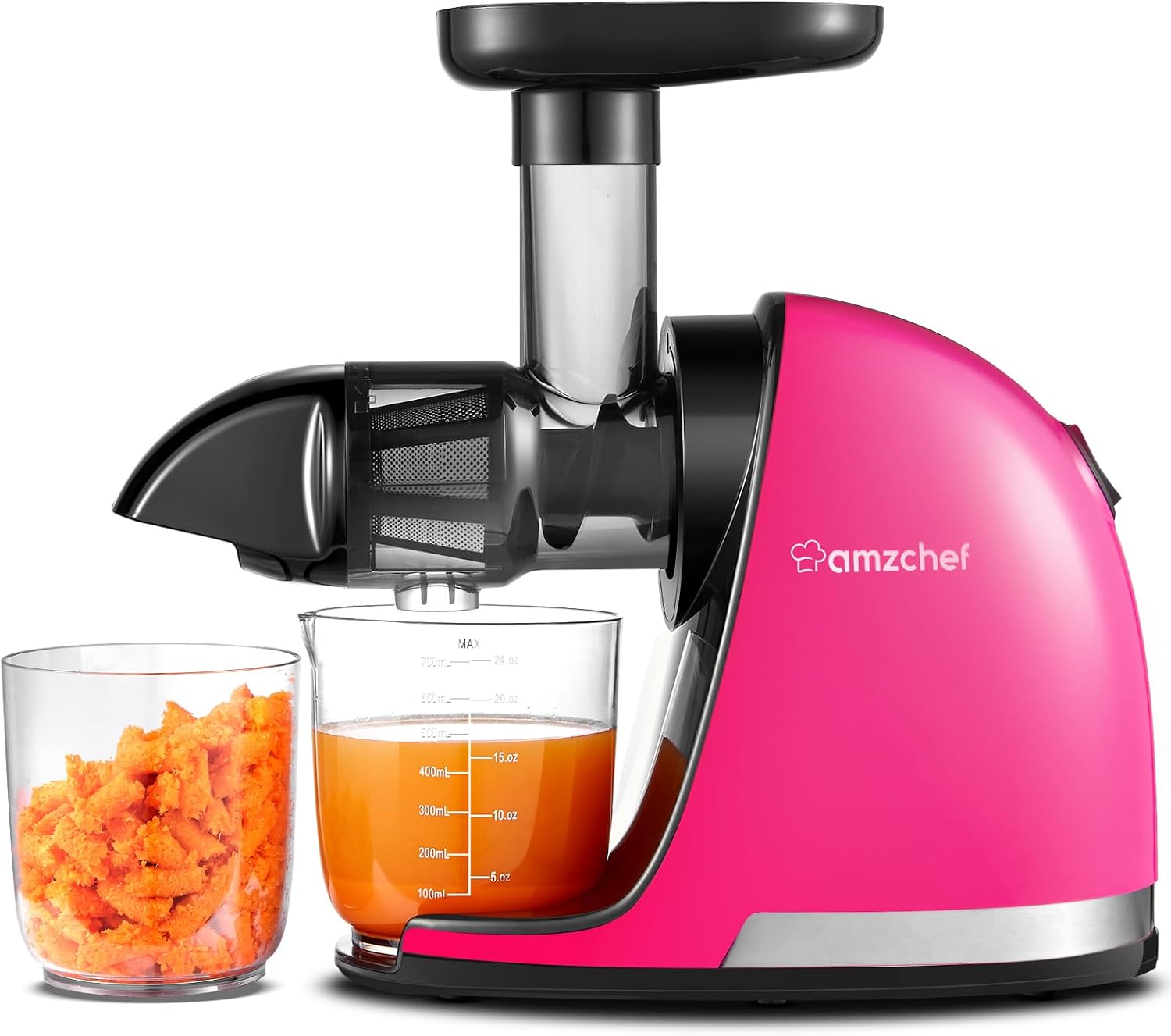 آبمیوه گیری AMZCHEF - آبمیوه گیری کند با عملکرد جویدن معکوس - خرد کردن ظریف بدون فیلتر - آبمیوه گیری برقی با برس و 2 فنجان - سرخابی