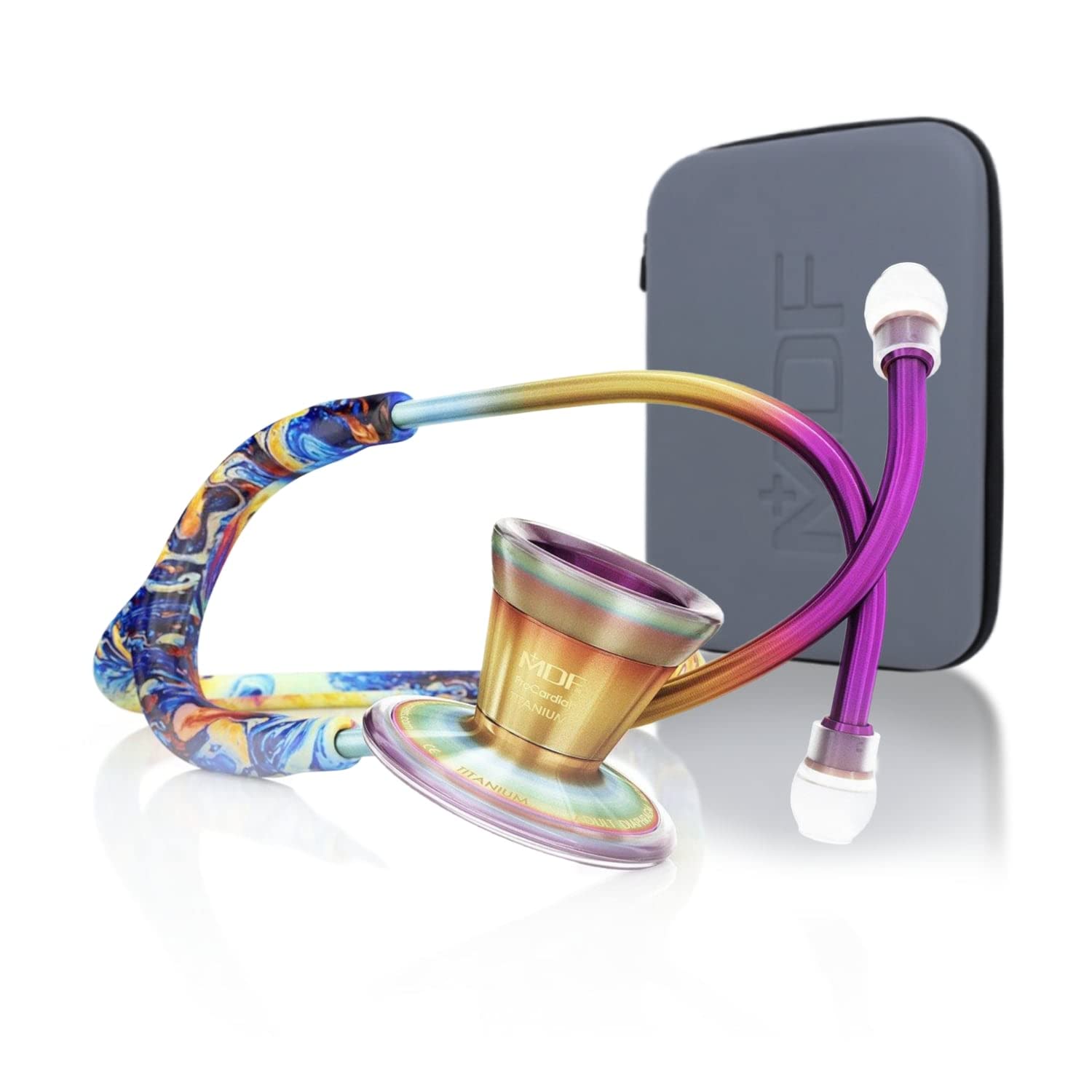 خرید از آمازون - گوشی پزشکی MDF ProCardial Cardiology، تیتانیوم سبک، بزرگسالان، دو سر، لوله ANDROMEDA، هدست KALEIDOSCOPE Chestpiece، MDF797TANKL+ MDF کیف مسافرتی Kaleidoscop -Andromeda