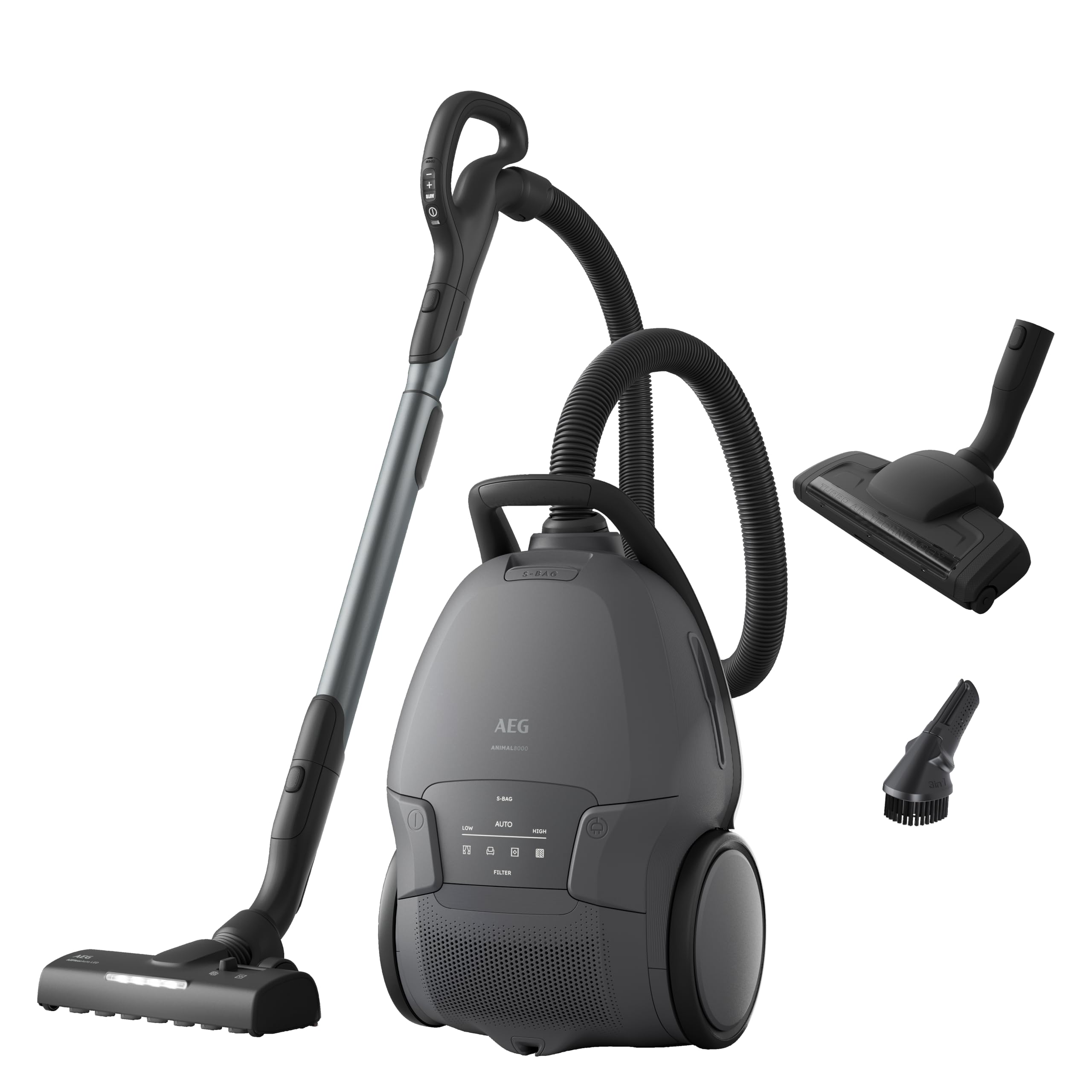 جاروبرقی کیسه‌ای AEG Animal 8000، برنده تست Stiftung Warentest، قدرت مکش بالا، حالت خودکار، ۴۸٪ پلاستیک بازیافتی، نازل مخصوص موی حیوانات خانگی، فیلتراسیون HEPA، ۱۲ متر، چراغ LED، AB81A2DG