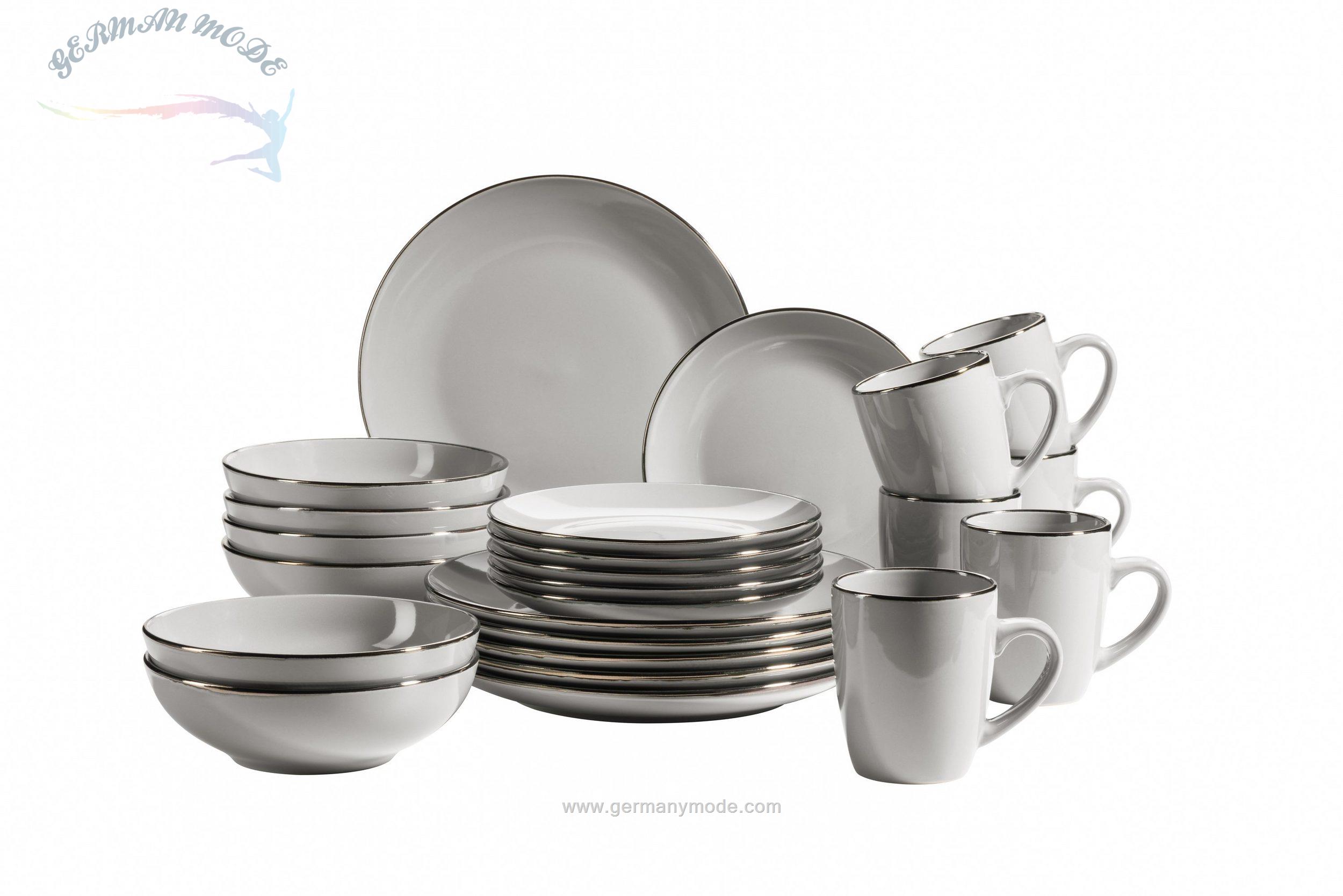 سرویس غذاخوری سرامیک 24 پارچه 6 نفره ماسر اتریش Mäser Metallic Rim Kombiservice (24-tlg.) grau