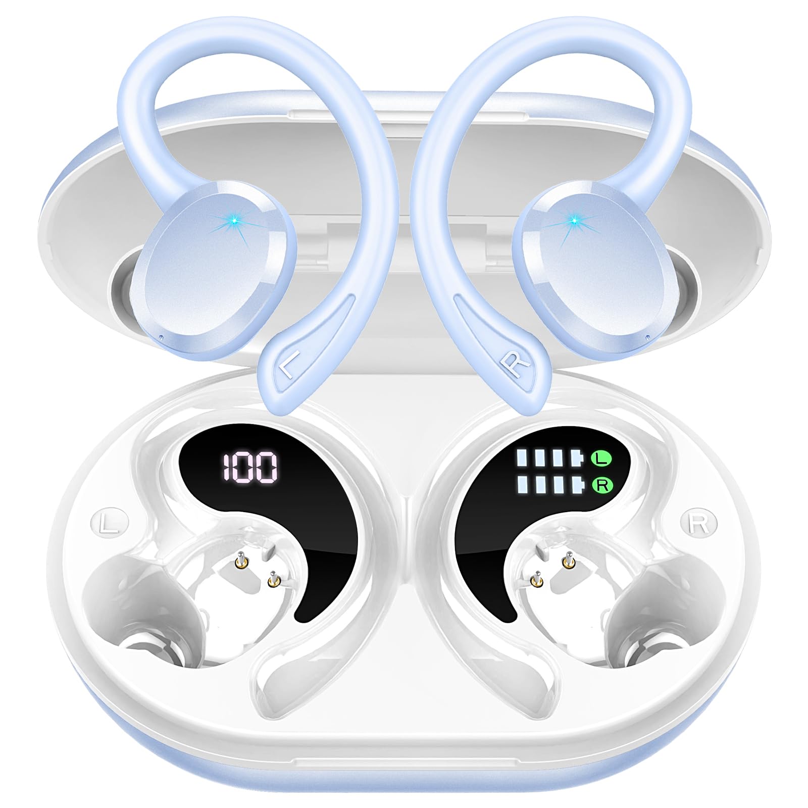 خرید از آمازون - هدفون بلوتوث اسپرت، هدفون بی‌سیم بلوتوث 5.3 استریو HiFi، هدفون بی‌سیم 13 میلی‌متری با میکروفون HD، هدفون 48 ساعته داخل گوشی با براکت، جعبه شارژ USB-C LED IP7 ضد آب/800 میلی‌آمپر ساعت، آبی روشن