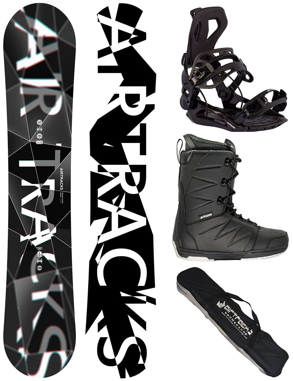 Airtracks Snowboard Komplett Set - REFRACTIONS Game Wide + Snowboardbindung Master + Snowboardboots + Sb Bag / 155 159 161 165 171 cm Snowboard 168 cm Boots Star Black 40