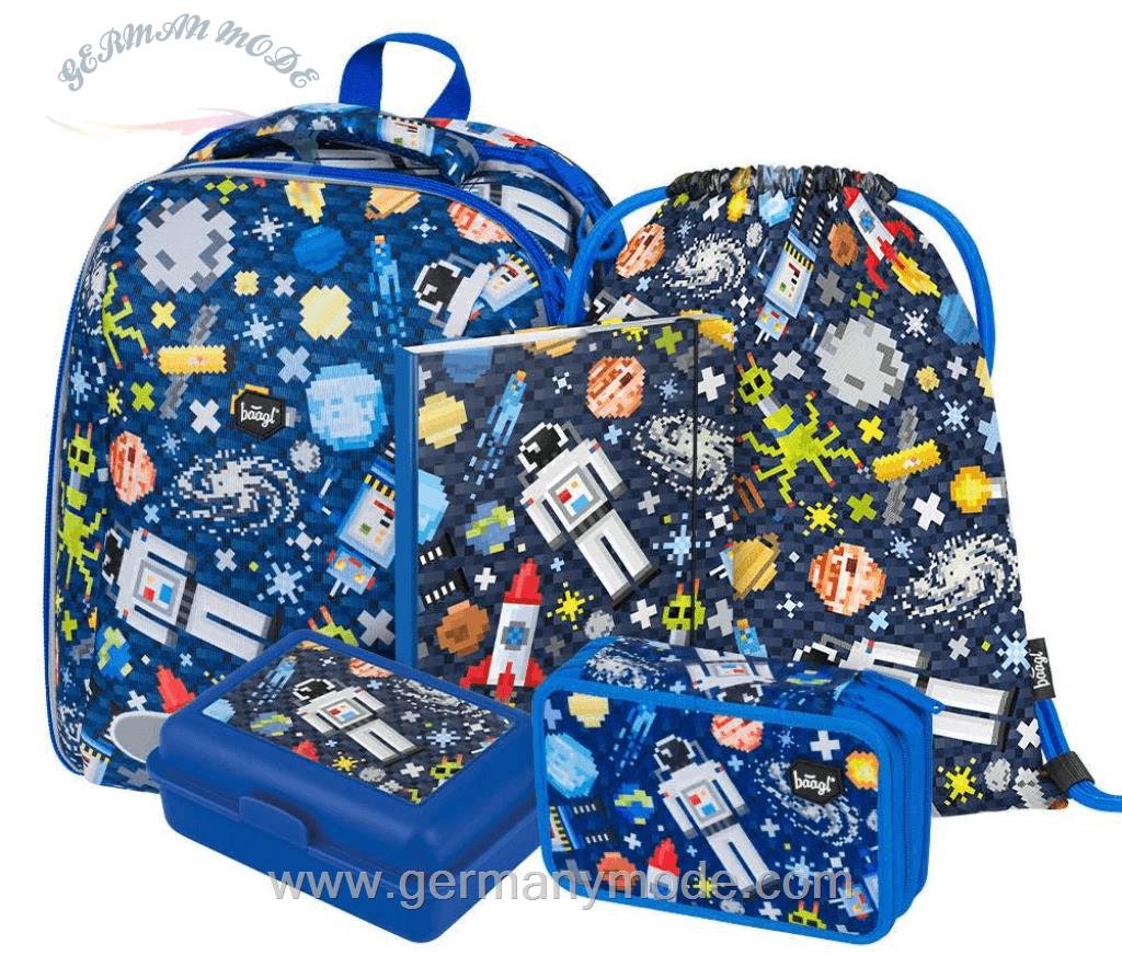 ست 5 تایی کوله پشتی مدرسه کوله ورزش جامدادی دفتر ظرف اسنک پسرانه بگل Baagl Shelly Space Game Schulranzen Set 5tlg Schulranzen Federmäppchen Turnbeutel Heftmappe Brotdose