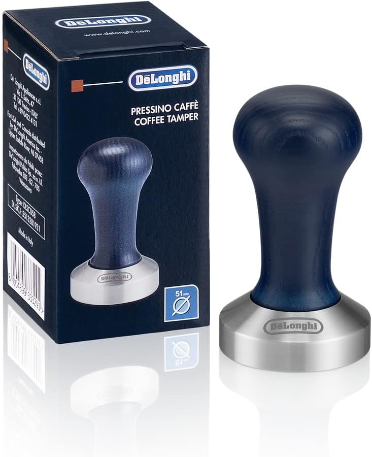 تمپر اسپرسو ساز دلونگی ایتالیا DeLonghi DLSC058 ساخته شده از فولاد ضد زنگ با دسته چوبی، تک آبی/نقره ای