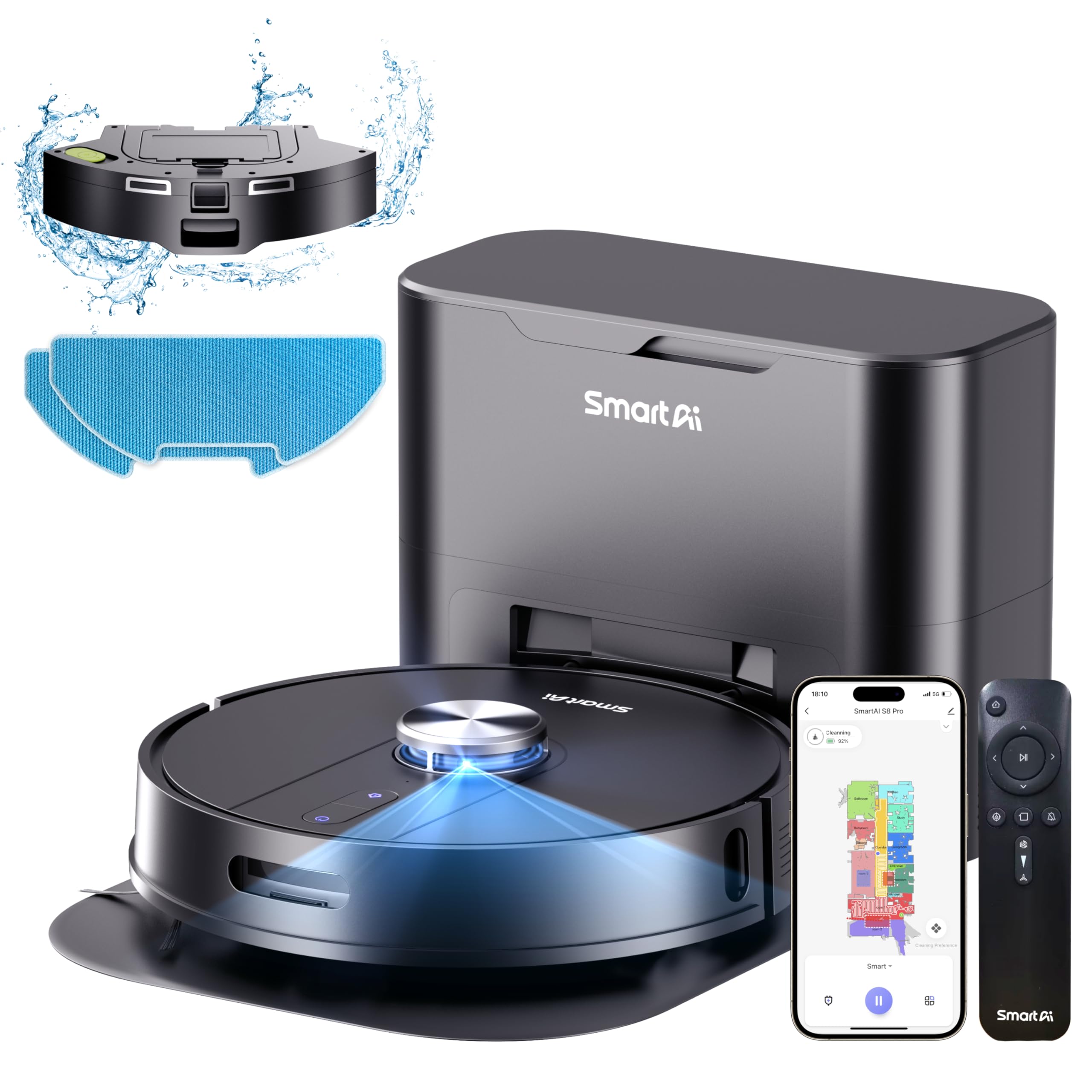 جارو رباتیک جارو برقی ربات SmartAI S8 با ایستگاه مکش 4L، ناوبری LDS، ربات پاک کن 5000Pa، جلوگیری از موانع، باتری 200 دقیقه برنامه/کنترل صوتی/WiFi برای فرش و موهای حیوانات