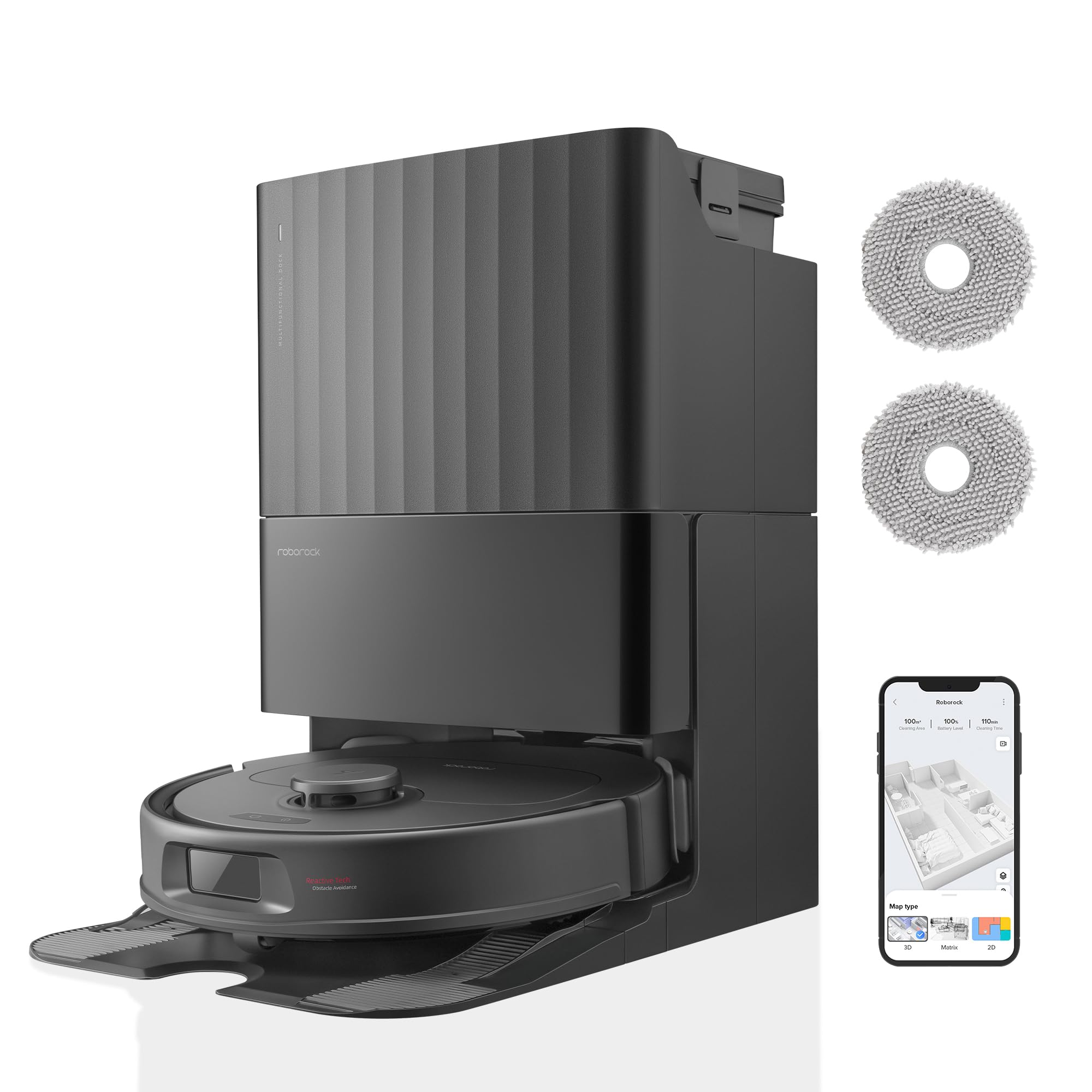 جارو رباتیک ربات جاروبرقی roborock Qrevo S با عملکرد پاک کردن، عملکرد تمیز کردن 7000 Pa HyperForce®، خشک کردن بی صدا 45 dB(A)، ناوبری PreciSense® LiDAR، 2 ماپ اضافی، مجموعه جاروبرقی ربات (مشکی) Qrevo S Black