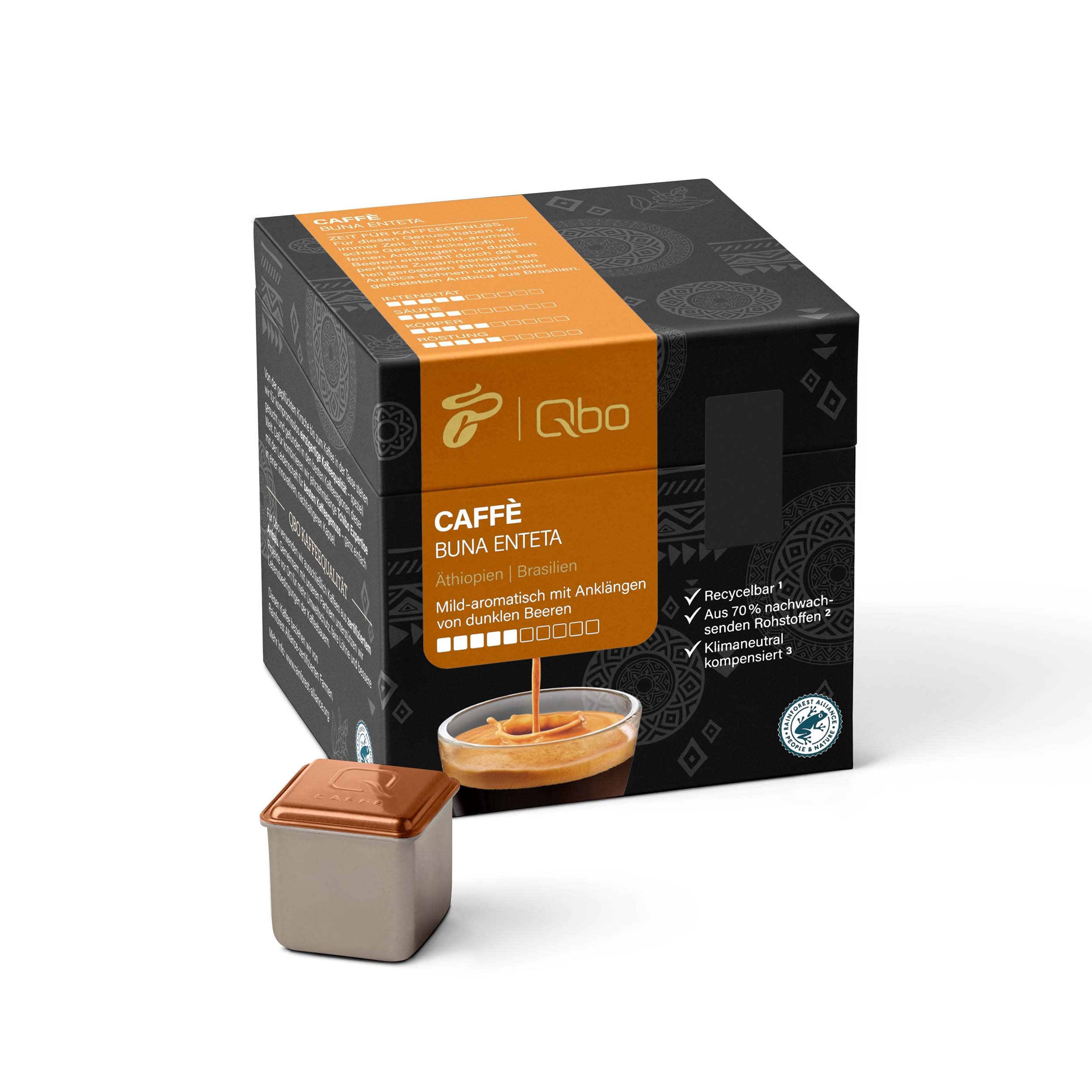 خرید از آمازون - کپسول قهوه Tchibo Qbo Caffè Buna Enteta Premium، 27 عدد (کافه، با شدت 04/10، معطر ملایم)، پایدار، ساخته شده از 70٪ مواد خام تجدیدپذیر و اسپرسو 7.5 گرمی جبران شده با آب و هوا (بسته 27 عددی)