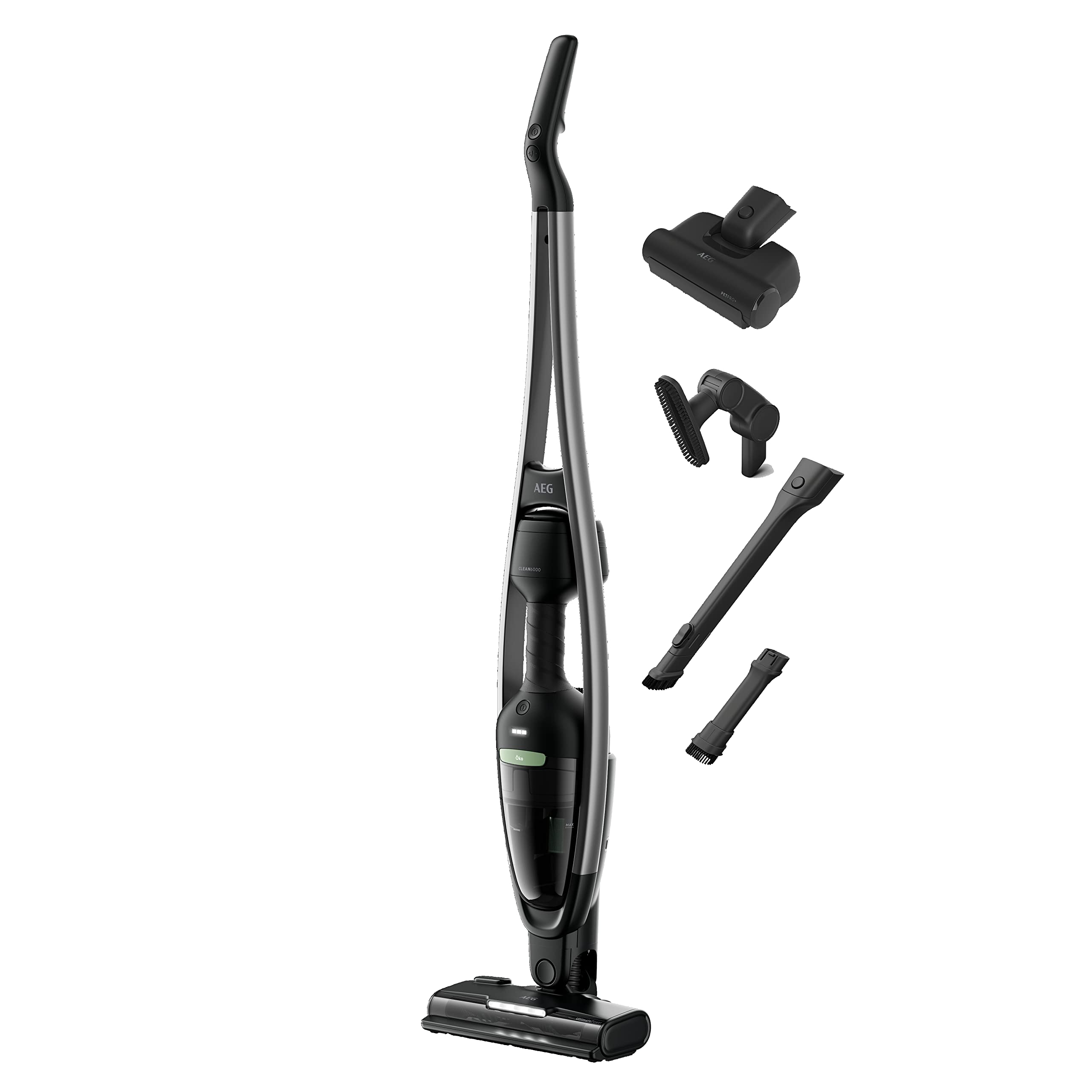 جاروبرقی بی‌سیم AEG CLEAN ÖKO 6000 AS62B25OKO، دوکاره، بسیار بی‌صدا ۷۹ دسی‌بل (A)، ۴۷ درصد مواد بازیافتی، تا ۵۵ دقیقه کارکرد، اتوماتیک، ایستاده، مناسب برای همه طبقات، شامل لوازم جانبی، مشکی