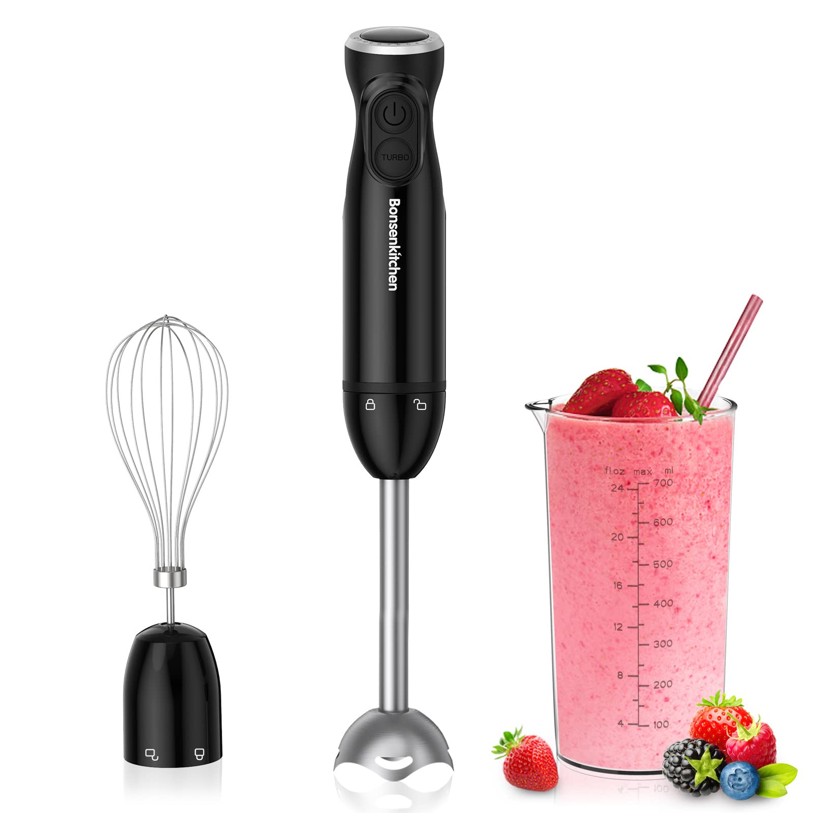 خرید از آمازون - Bonsenkitchen 3 in 1 Elektrischer Stabmixer, 1000W Pürierstab mit Zerkleinerer/Schneebesen/Messbecher, Stufenlose Geschwindigkeitsregelung Handmixer für Milchshake, Püree, Sauce, HB3202 (Schwarz)