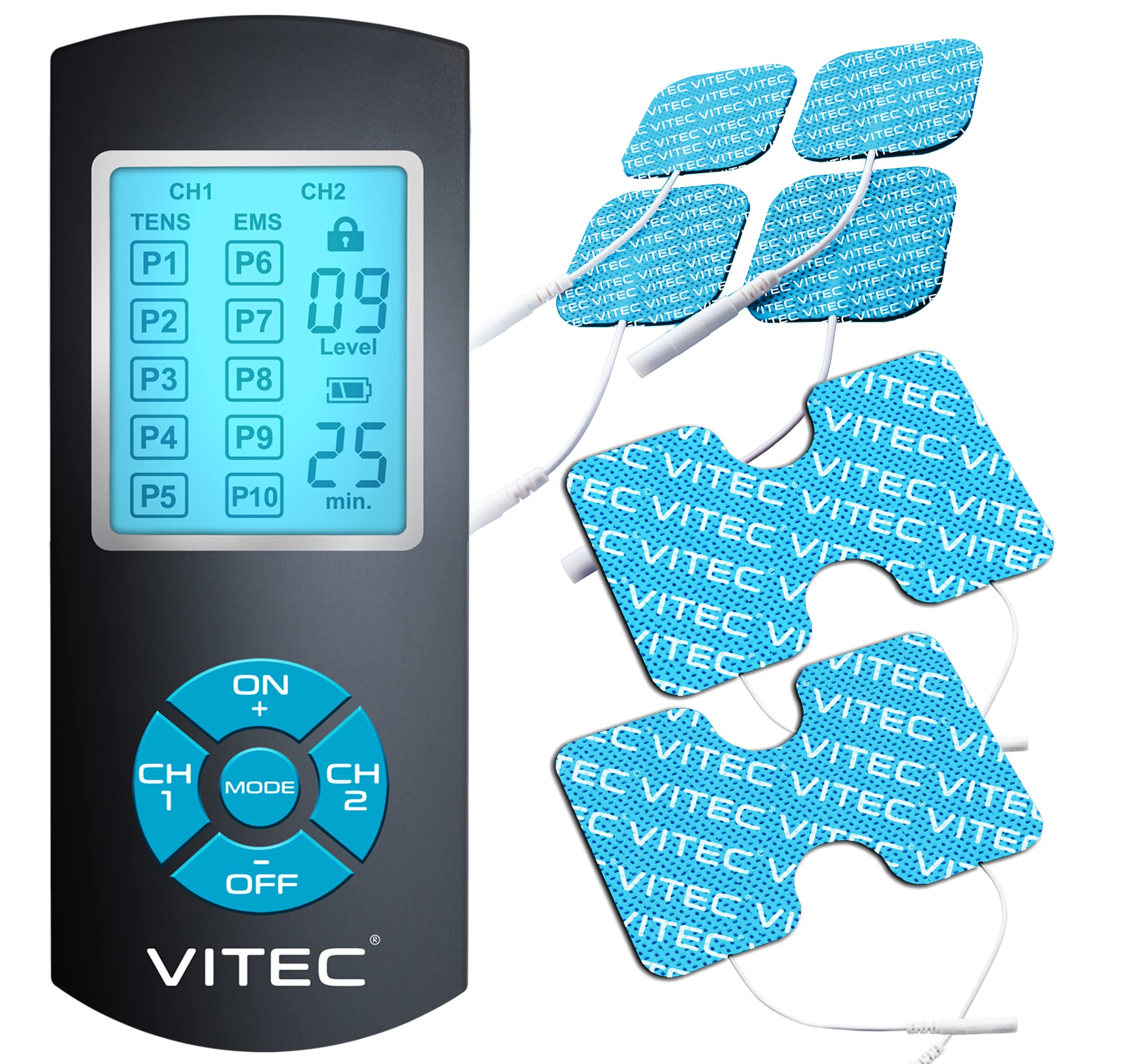خرید از آمازون - دستگاه تحریک الکتریکی VITEC DYNAMIC TENS/EMS، 2 درمان طبیعی: تسکین درد و عضله سازی، 20 برنامه انفرادی، درمان جریان تحریک طبیعی بدون عوارض جانبی
