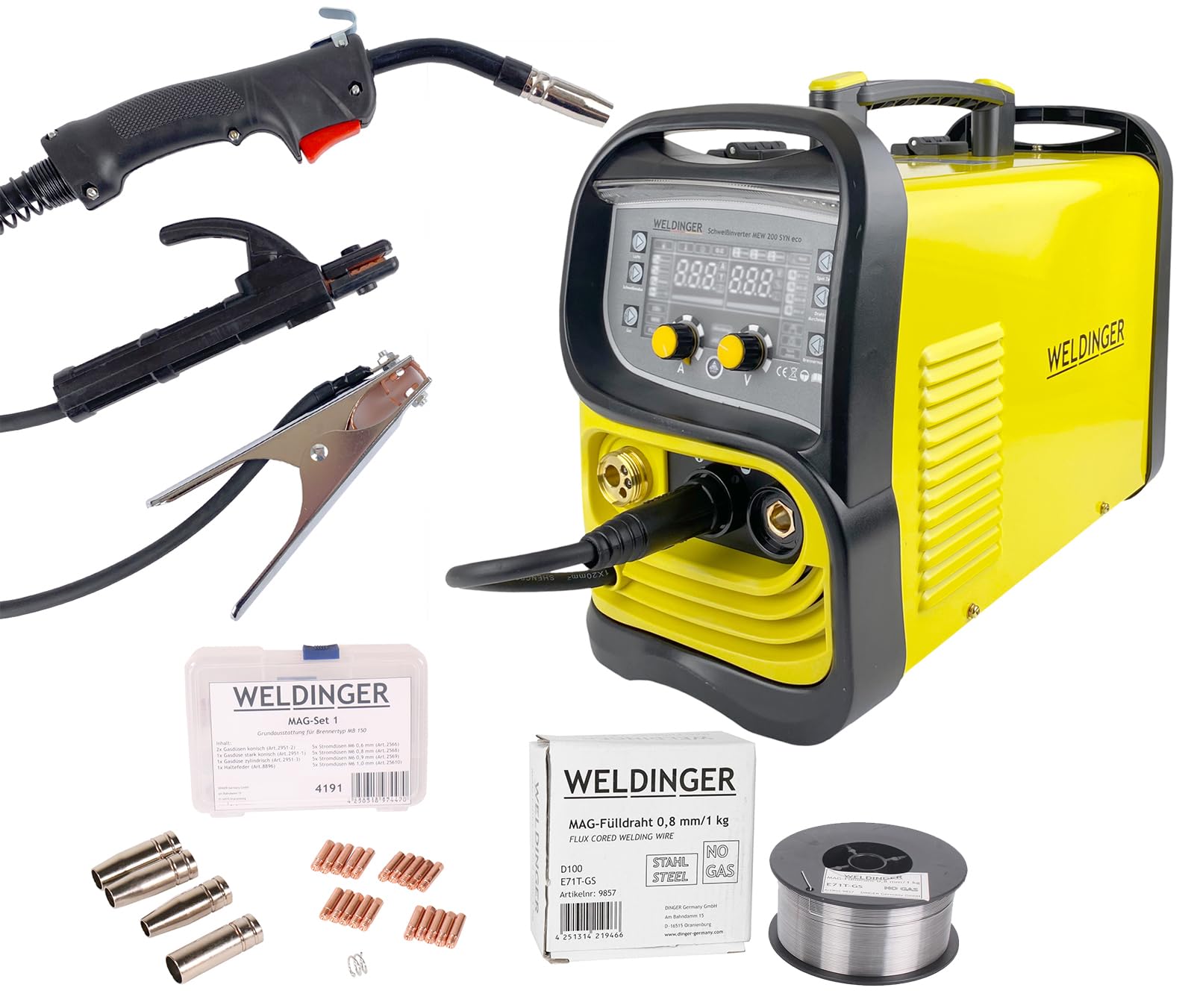 خرید از آمازون - اینورتر جوشکاری تبلیغاتی MIG/MAG WELDINGER MEW 200 SYN eco + MAG ست 1 + سیم هسته دار 0.8 میلی متر/1 کیلوگرم 5 سال ضمانت 200 A (ست استارت)