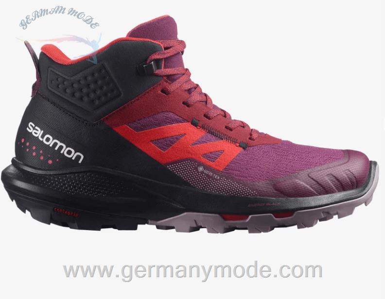 کتانی هایکینگ کوهنوردی ضد آب زنانه سالامون فرانسه SALOMON OUTPULSE MID GORE TEX Hikingschuhe Damen Grape Wine Vanilla Ice Poppy Red