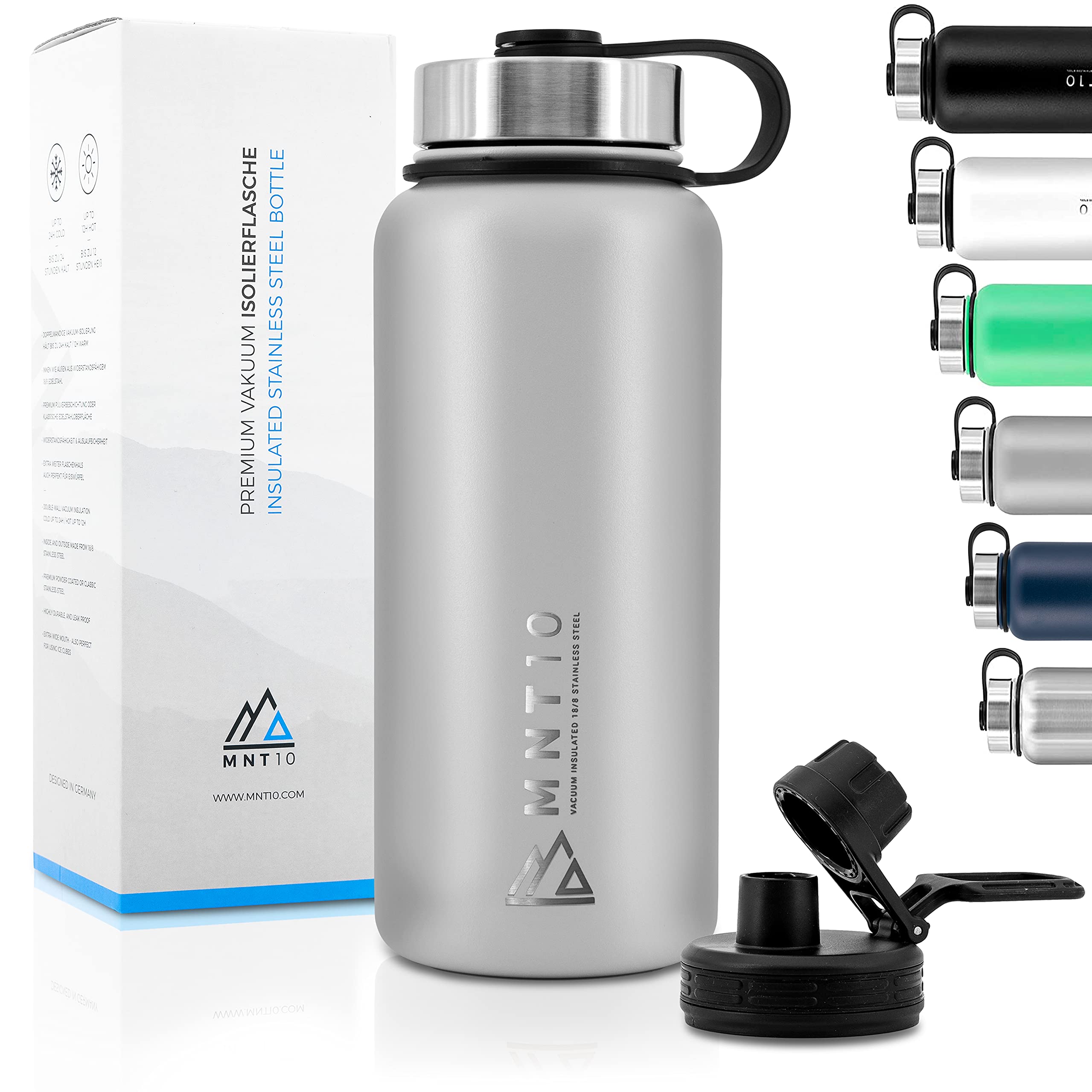 خرید از آمازون - MNT10 Edelstahl Trinkflasche 1000ml I Premium Isolierflasche für Wandern, Fitness, Fahrrad, Schule und Büro I Wasserflasche + Gratis Sportdeckel (Stone Gray | 1000ml)
