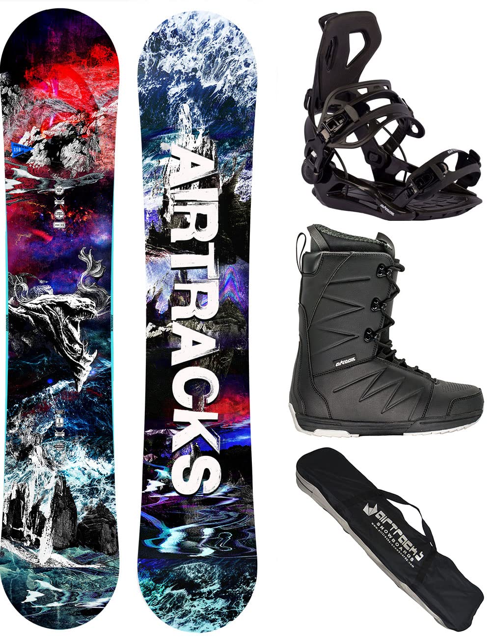Airtracks Herren Snowboard Set - Fantasy Carbon Flat Zero Rocker Snowboard Wide + Snowboard Bindung Master + Snowboardboots + Sb Bag / 148 153 158 cm Snowboard 148 cm Boots Star Black 40