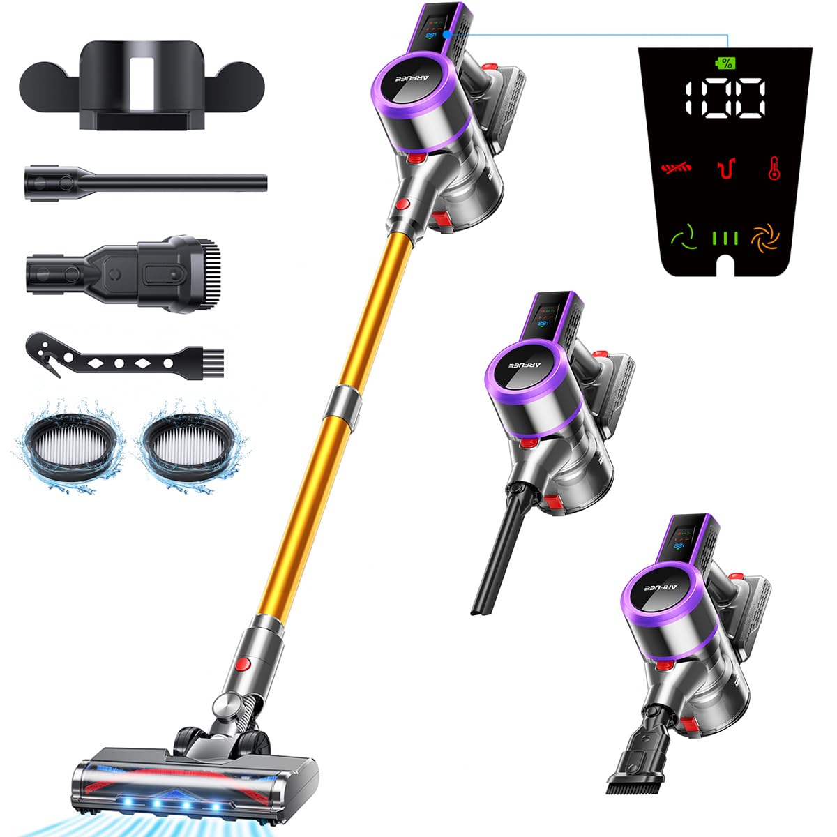 جارو شارژی ARFUEE 45000Pa/550W/60Min، جارو شارژی 1.5 لیتری با نمایشگر LED، جارو شارژی با برس ضد گره خوردگی، جاروبرقی برای موهای حیوانات خانگی، فرش ها و کف های سخت کلاس A+++
