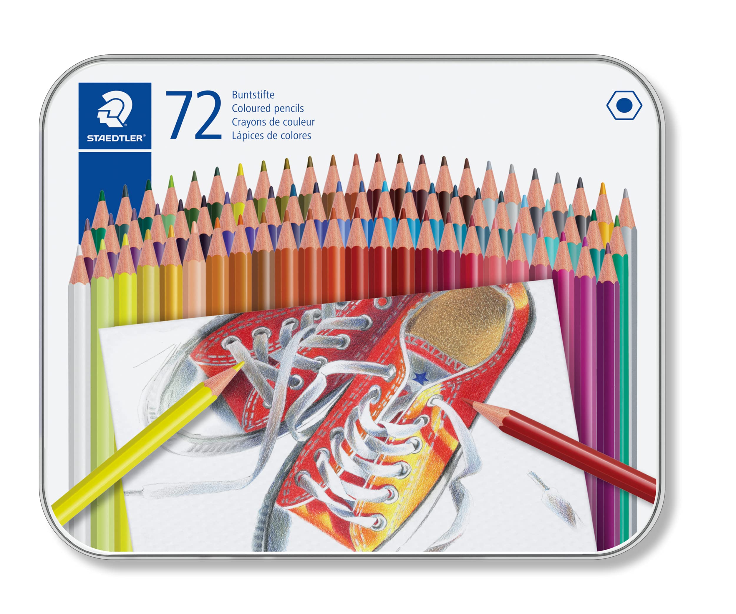 خرید از آمازون - مداد رنگی STAEDTLER، شکل سنتی شش ضلعی، مطابق با دستورالعمل ایمنی اسباب بازی EN71، قاب فلزی با 72 رنگ روشن، 175 عدد M72 72 عدد (بسته 1 عددی) 72 عدد مداد رنگی