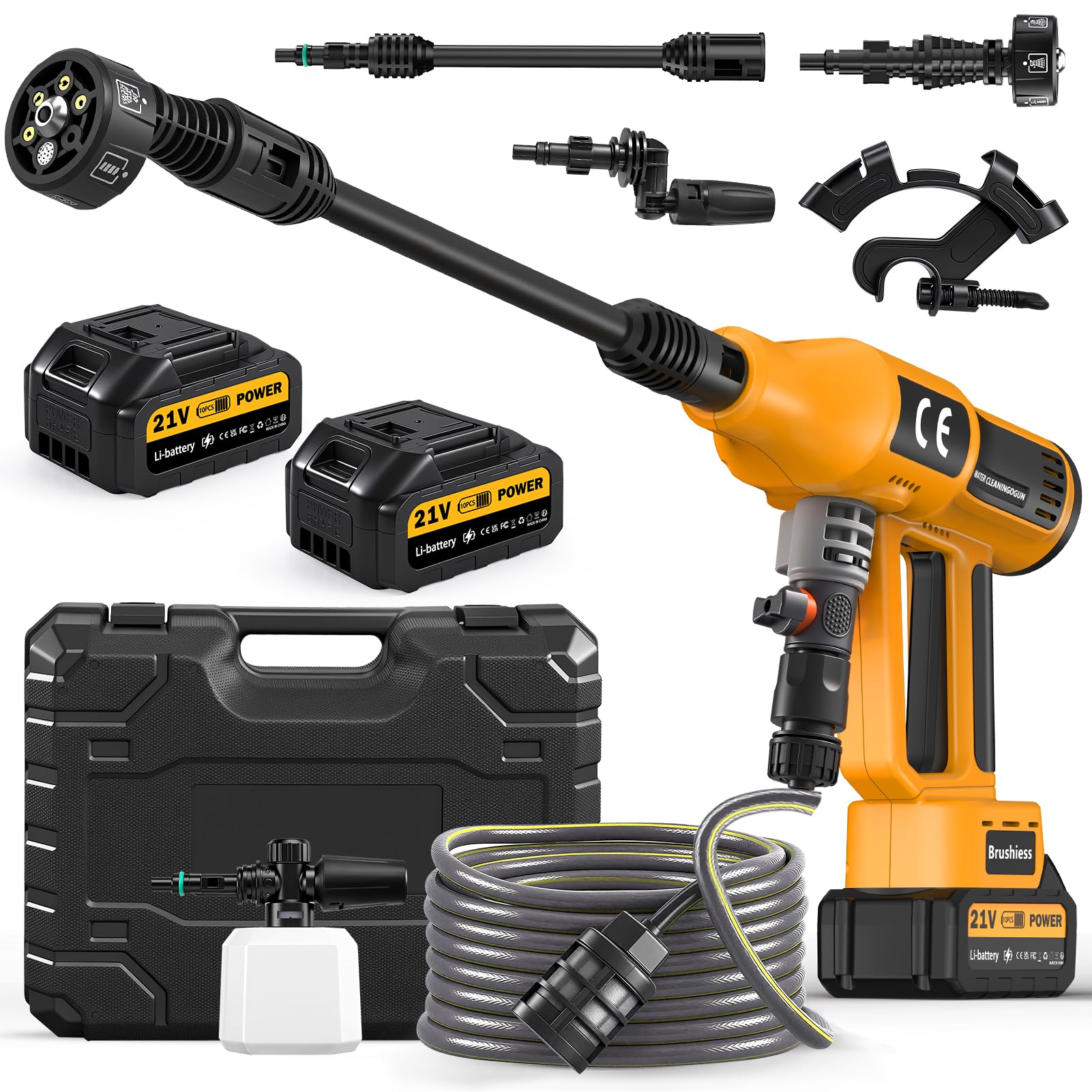 تفنگ کارواش فشار قوی بی‌سیم، ۲۱ ولت، ۲۰۰ بار و شارژر Cordless Pressure Washer Gun نازل‌های چندگانه ۶ کاره و شلنگ ۵ متری برای ماشین