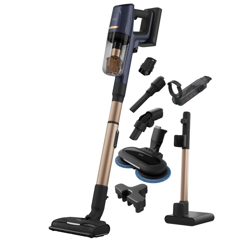 جارو برقی بی‌سیم AEG HYGIENIC 8000 AP81B25WET با عملکرد تی/اتوماتیک/فیلتراسیون 5 سطحی/صفحه نمایش دیجیتال/نازل چند طبقه و نازل تی/3 سطحی/باتری قابل تعویض/لوازم جانبی/400 میلی‌لیتر/آبی
