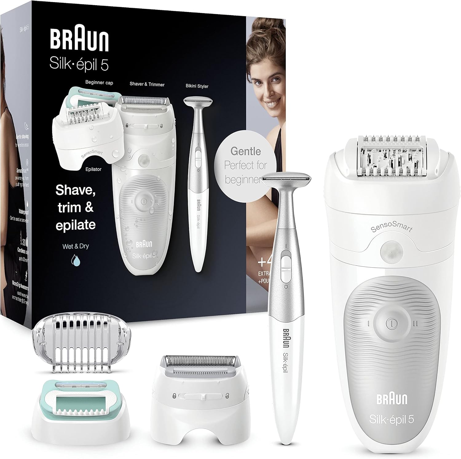 اپیلاتور زنانه براون آلمان Braun Silk-épil 5 برای از بین بردن موهای زائد / از بین برنده موهای زائد، شامل اصلاح کننده بیکینی (منطقه صمیمی اصلاح کننده مو)، اتصال سطح اولیه، سر چرخان، 5-825، سفید/خاکستری