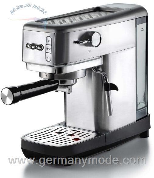 اسپرسو ساز آریته ایتالیا Ariete 1380 قهوه ساز فلزی سازگار با پودر قهوه و غلاف ESE حداکثر 15 بار فیلتر 1 یا 2 فنجان کف کن کاپوچینو 1300 وات نقره نقره ای