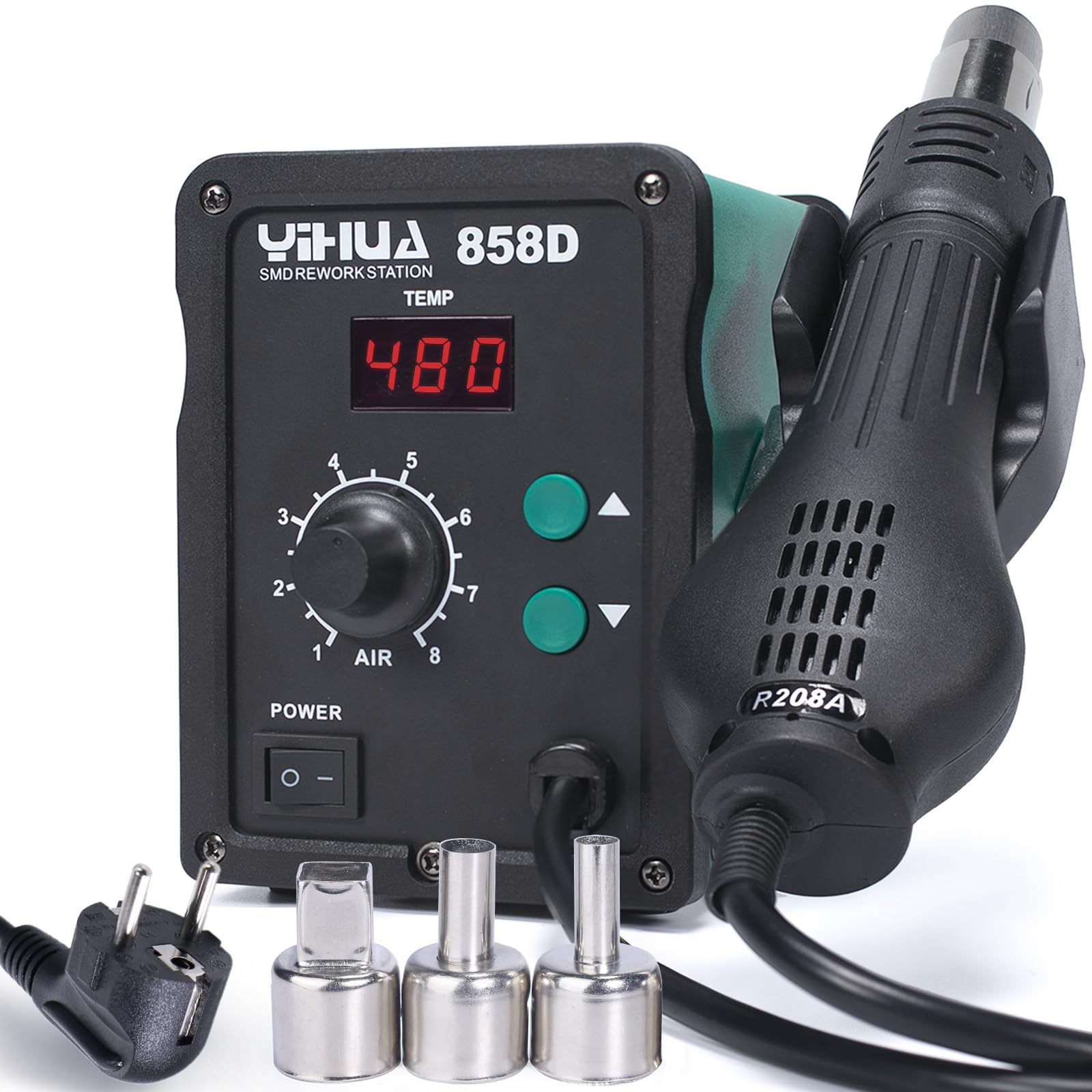 خرید از آمازون - ایستگاه لحیم کاری هوای گرم YIHUA 858D 700W برای لحیم کاری و لحیم کاری SMD با قابلیت تنظیم دما و حجم هوا، کنترل دمای PID، عملکرد شروع/توقف خودکار، نازل های هوای گرم (EU PLUG)