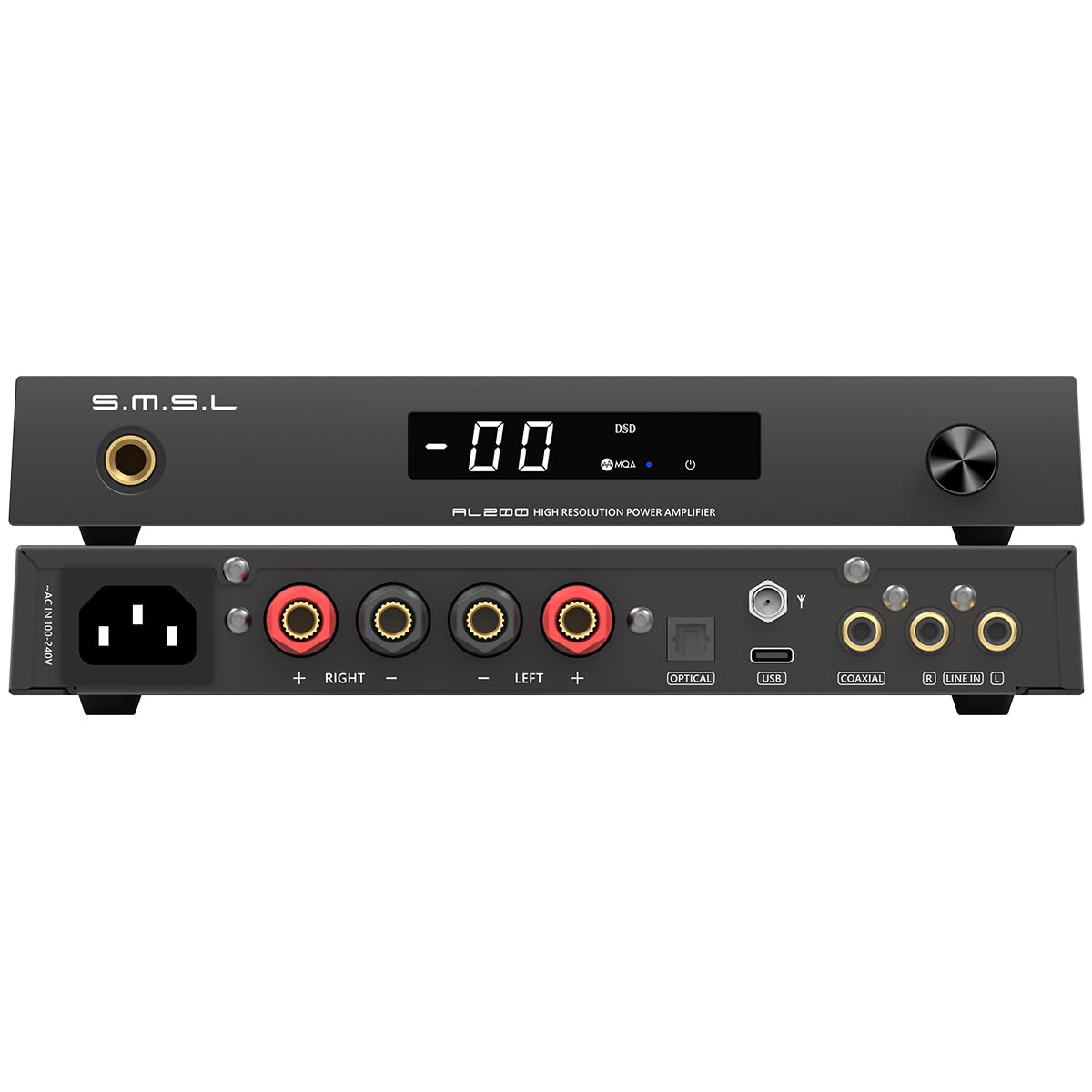 SMSL AL200، تقویت‌کننده Hi-Fi، تراشه تقویت‌کننده کلاس D استریو MA5332MS، توان خروجی 165 وات، خروجی تقویت‌کننده گوش داخلی، XMOS 16 Core XU-316، 7 EQ قابل تنظیم، با کنترل از راه دور (مشکی)