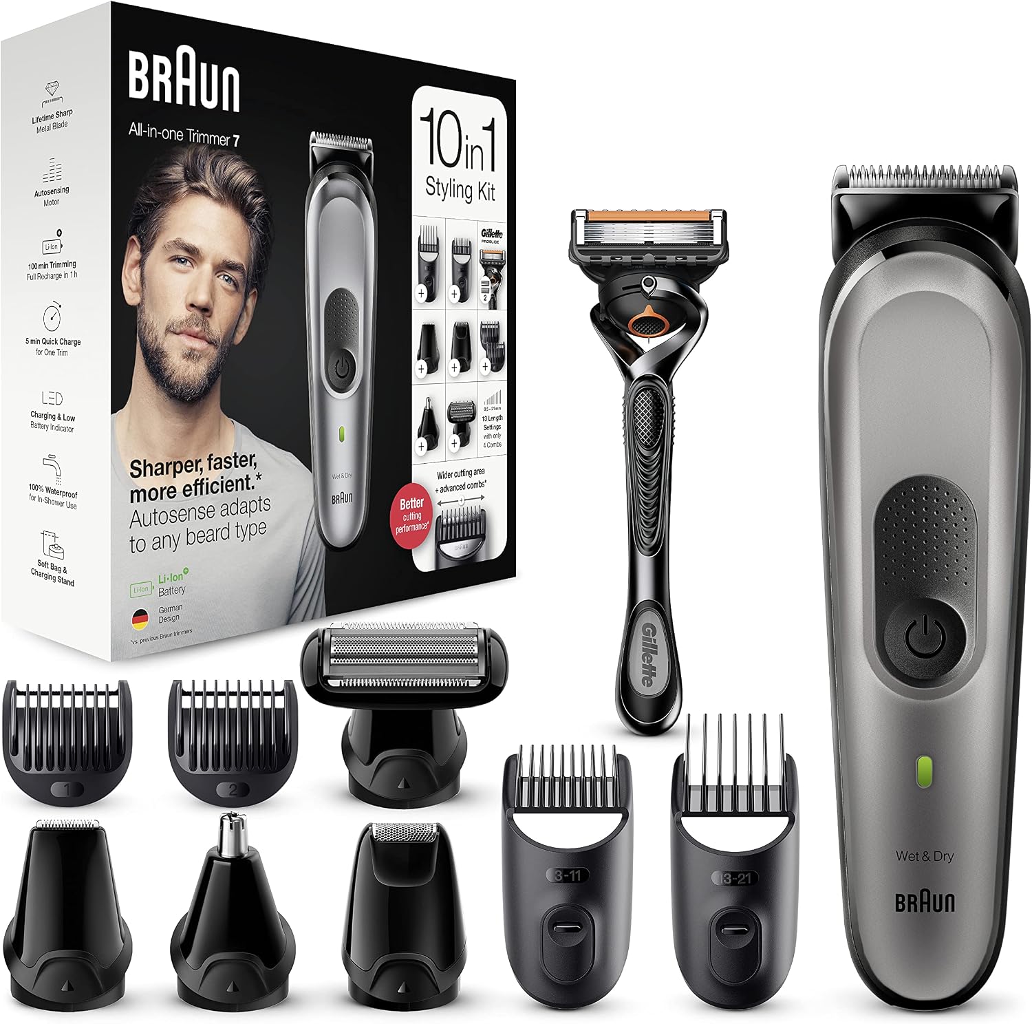 ماشین اصلاح براون آلمان MGK7320، اصلاح کننده ریش 10 در 1، گیره مو، رفع موهای زائد مردانه، موهای سر و بدن، 8 ضمیمه، هدیه روز پدر، مشکی/نقره ای