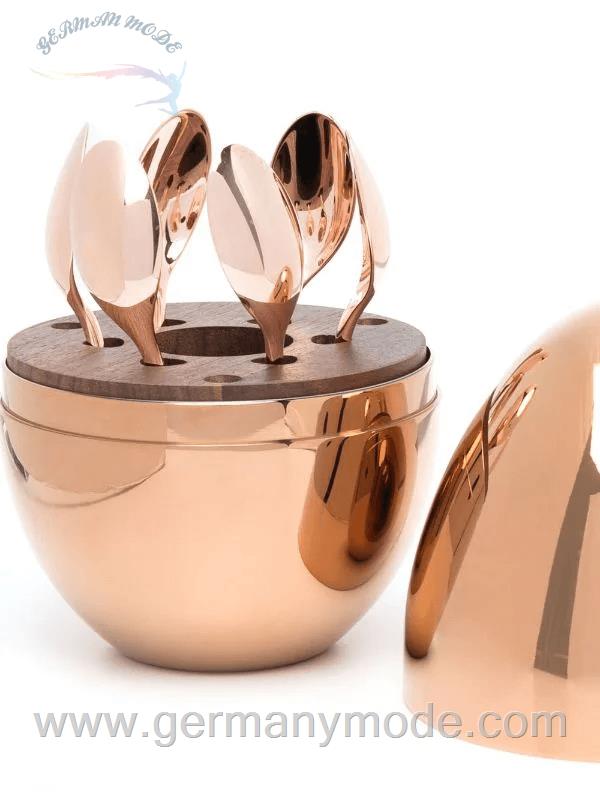 سرویس قاشق چنگال رو کش نقره 6 قطعه با قاب تخم مرغی کریستوفل فرانسه Christofle MOOD 6-Piece Rose Gold Espresso Set with Chest