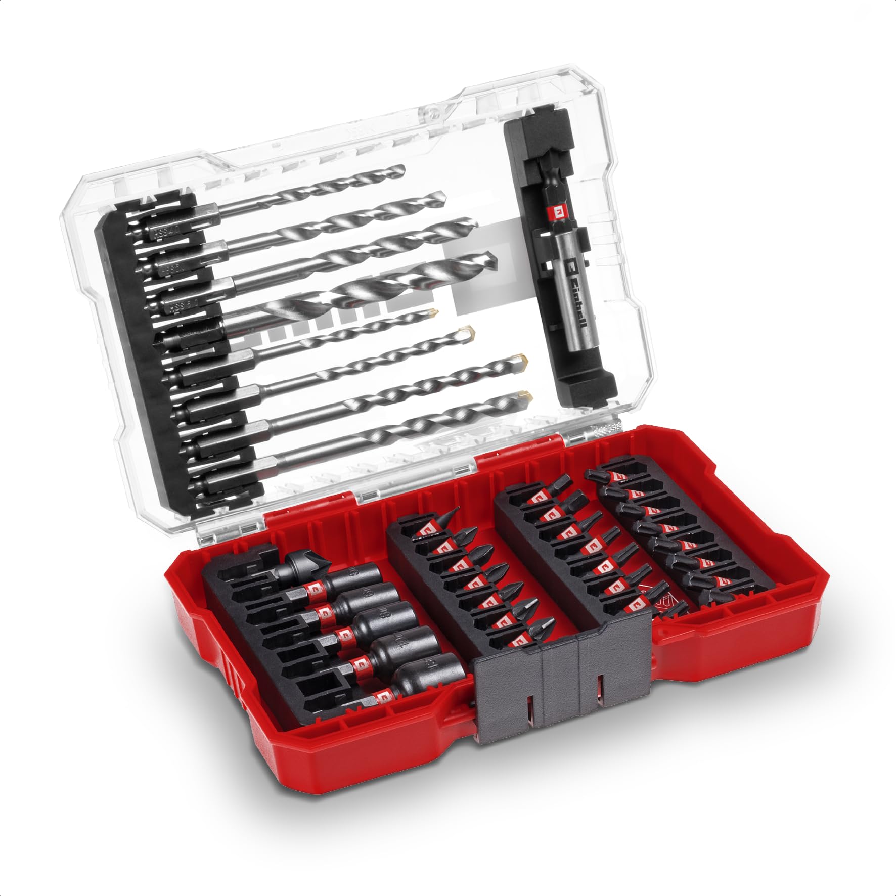 خرید از آمازون - Einhell M-CASE اصل 39 عدد. مجموعه لوازم جانبی مقاوم در برابر ضربه (بیت های 25 میلی متری، مته فلزی، مته جهانی، نگهدارنده بیت 60 میلی متری، آچار سوکت، جعبه ذخیره سازی کانترسینک) ست بیت 39 تکه شامل مته فلزی و جهانی