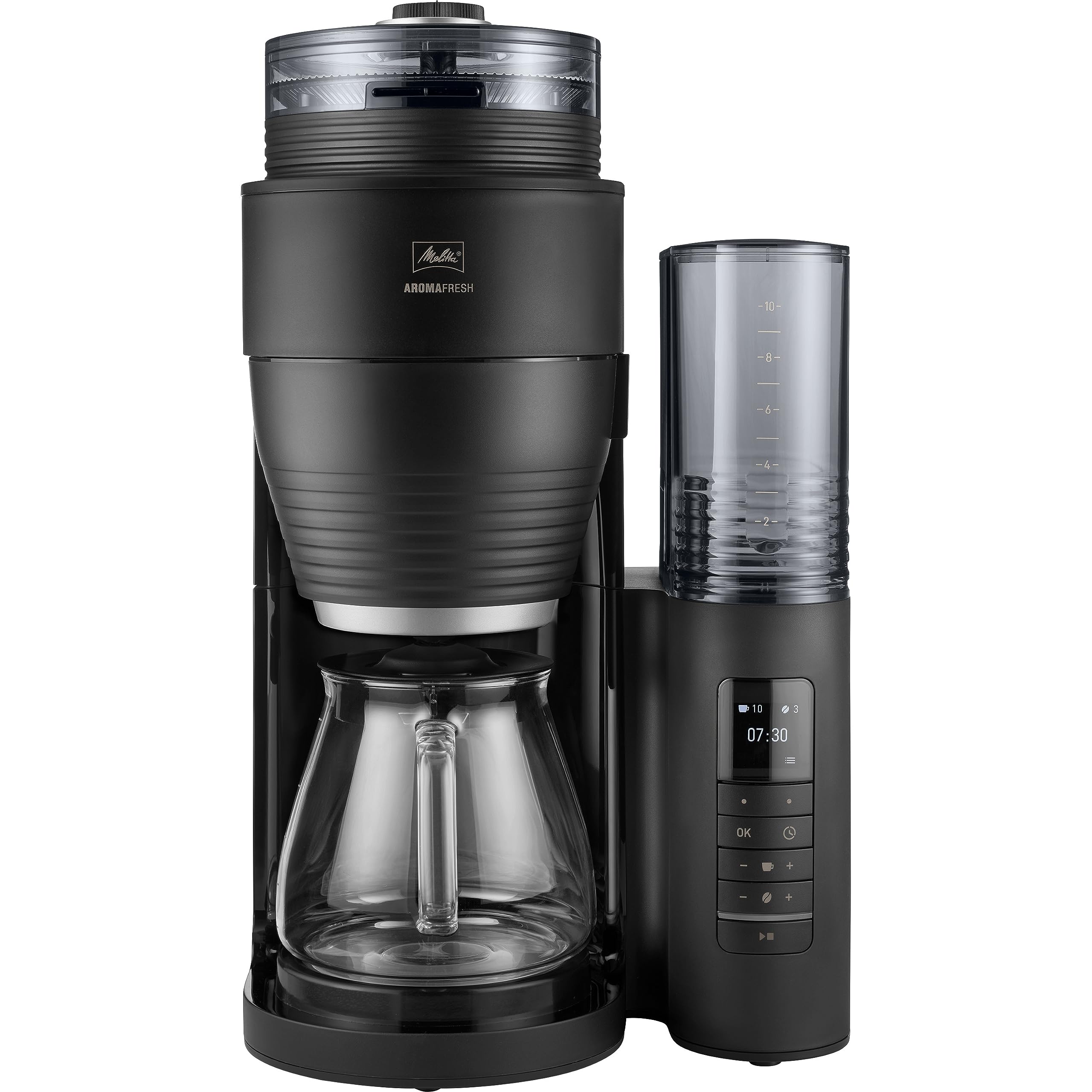 دستگاه قهوه ساز با آسیاب ملیتا آلمان Melitta AromaFresh Pro X - دارای آسیاب، قهوه‌ساز فیلتردار با قوری شیشه‌ای و مخزن آب قابل جدا شدن، برای حداکثر 10 فنجان قهوه