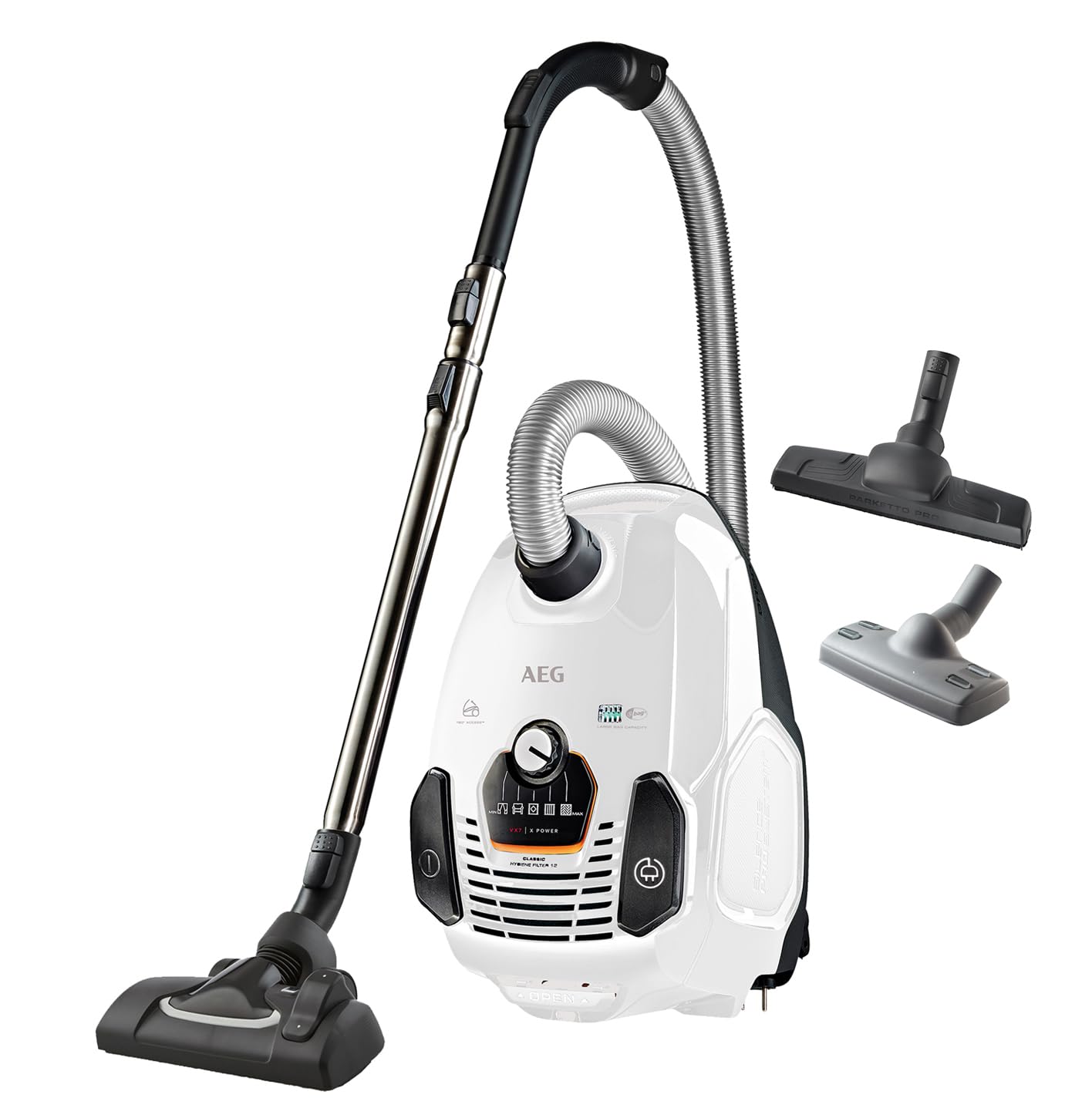 جاروبرقی AEG VX7-2-IW-S / چرخ‌های نرم با قابلیت چرخش ۳۶۰ درجه / فقط ۶۹ دسی‌بل (A) / شامل نازل‌های اضافی / دسته ارگونومیک / فیلتر قابل شستشو / ۶۵۰ وات / شعاع عملکرد ۱۲ متر / نسخه فنی جدید / سفید / شامل نازل تک موی حیوانات خانگی و نازل کف سخت