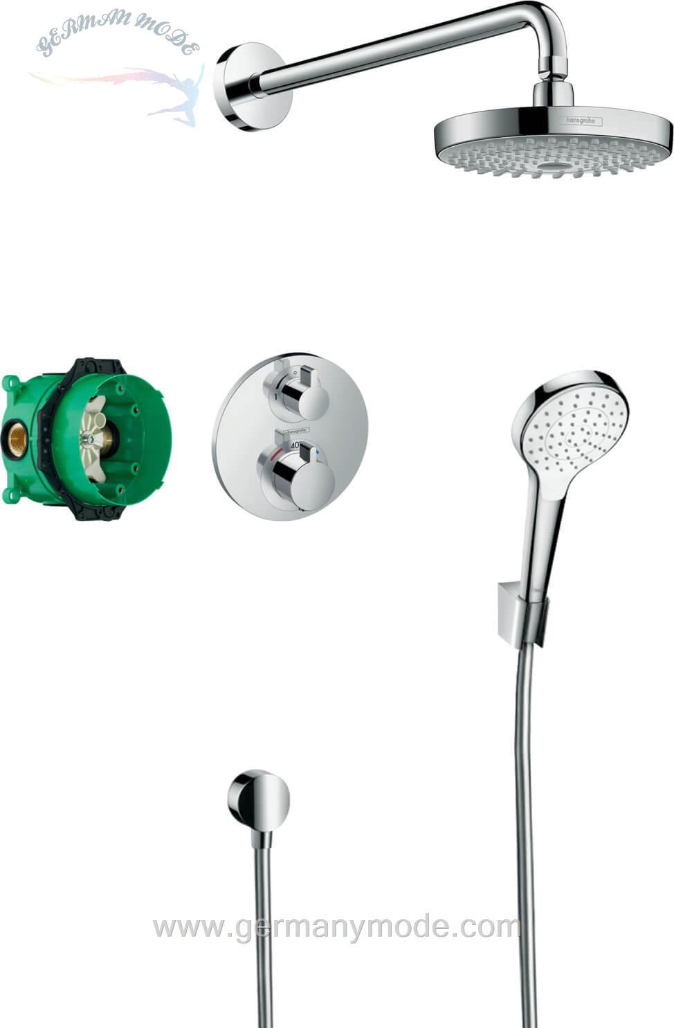 ست شیرآلات دوش حمام توکار هانس گروهه آلمان Hansgrohe Croma select S Brausesystem Unterputz mit Ecostat S Thermostat Chrom 27295000