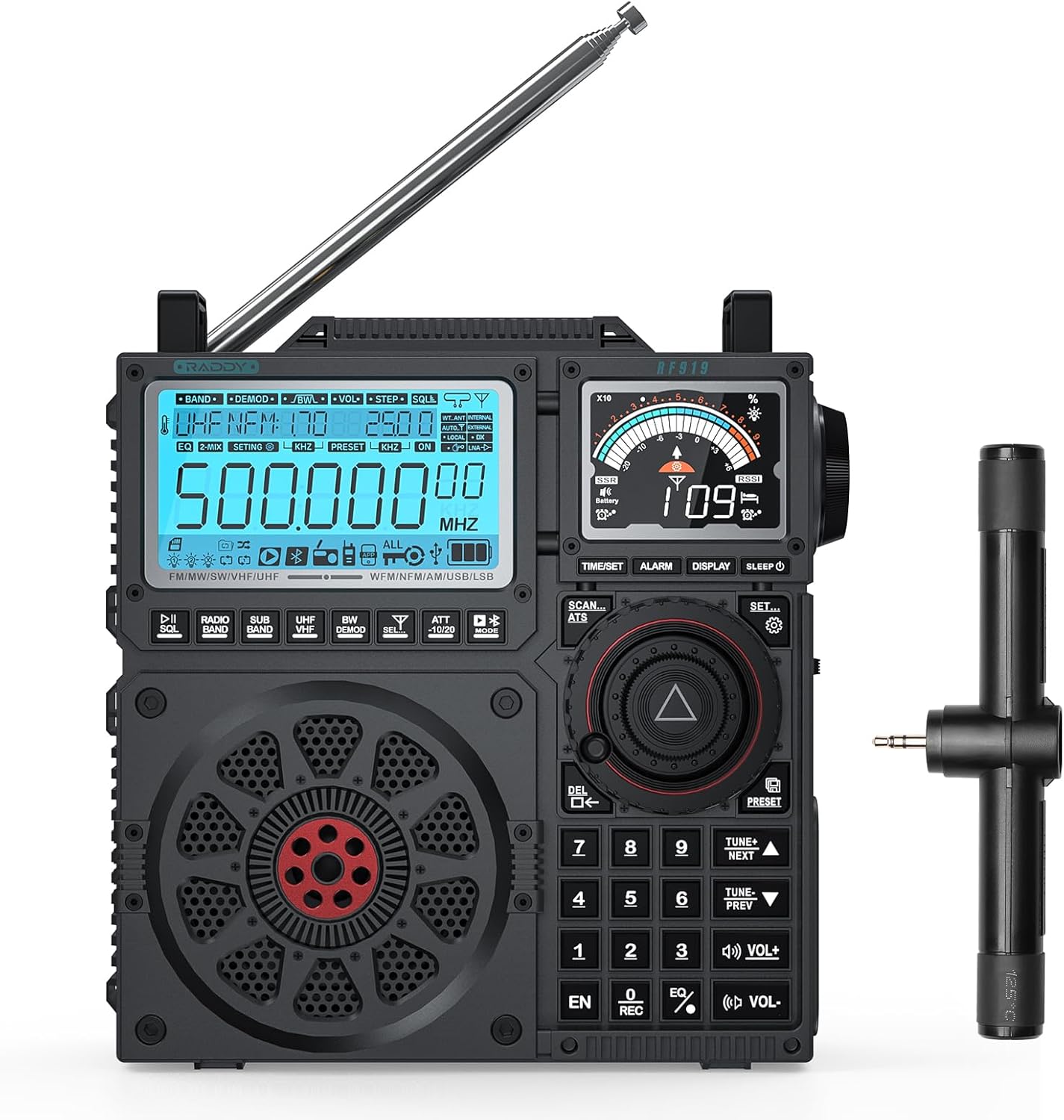 رادیو موج کوتاه Raddy RF919 SSB، گیرنده تمام باند FM AM SW VHF UHF AIR CB و SSB world، با تیونر آنتن، 3 کانکتور آنتن خارجی، باتری قابل شارژ 5000 میلی آمپر ساعتی، جک هدفون، خاکستری