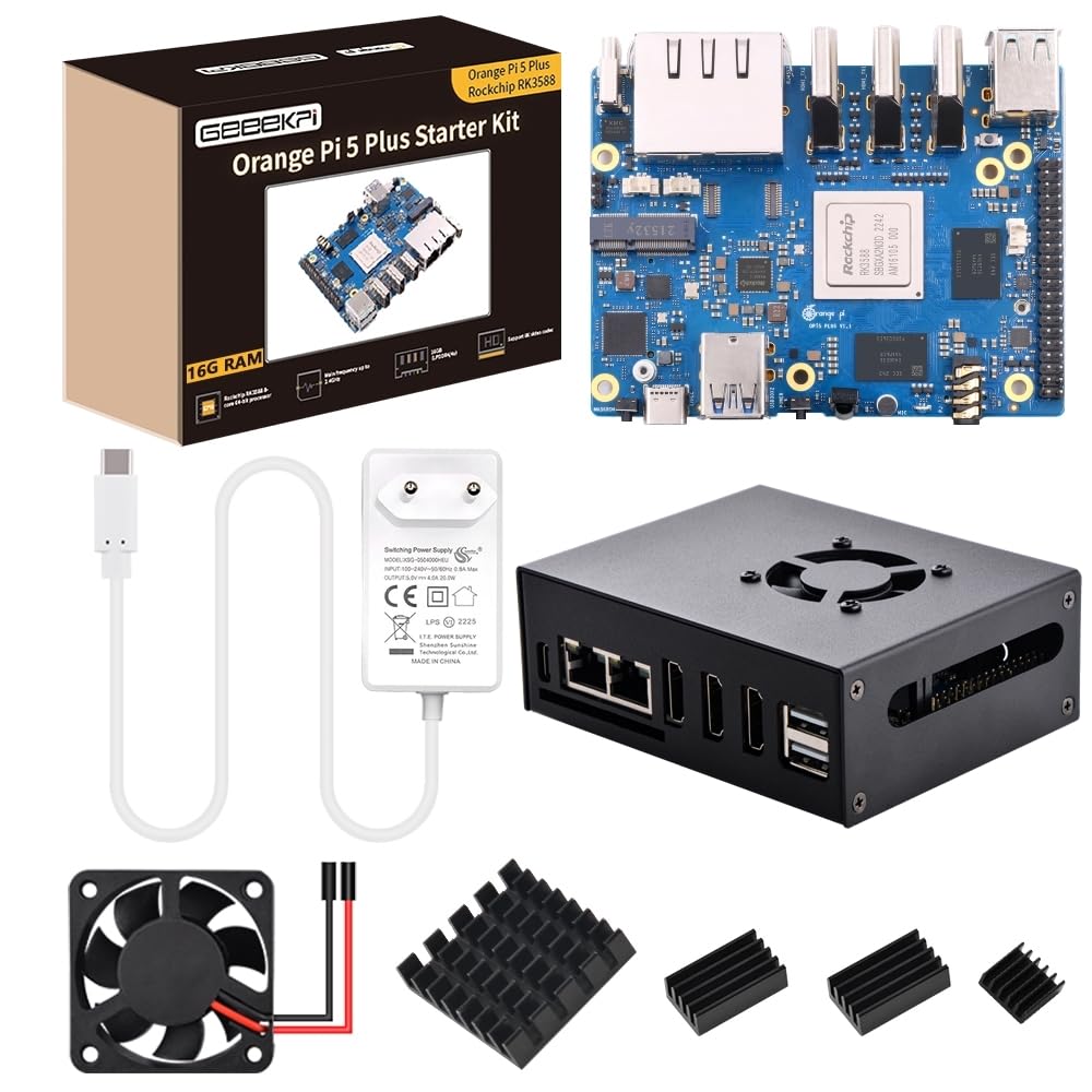 خرید از آمازون - GeeekPi Orange Pi 5 Plus 16GB LPDDR4/4x Rockchip RK3588 کامپیوتر تک برد 64 بیتی 8 هسته ای با سوکت eMMC، قاب فلزی OPi 5 Plus، منبع تغذیه رسمی Orange Pi 5V 4A، فن 40 میلی متری برای Orange Pipe