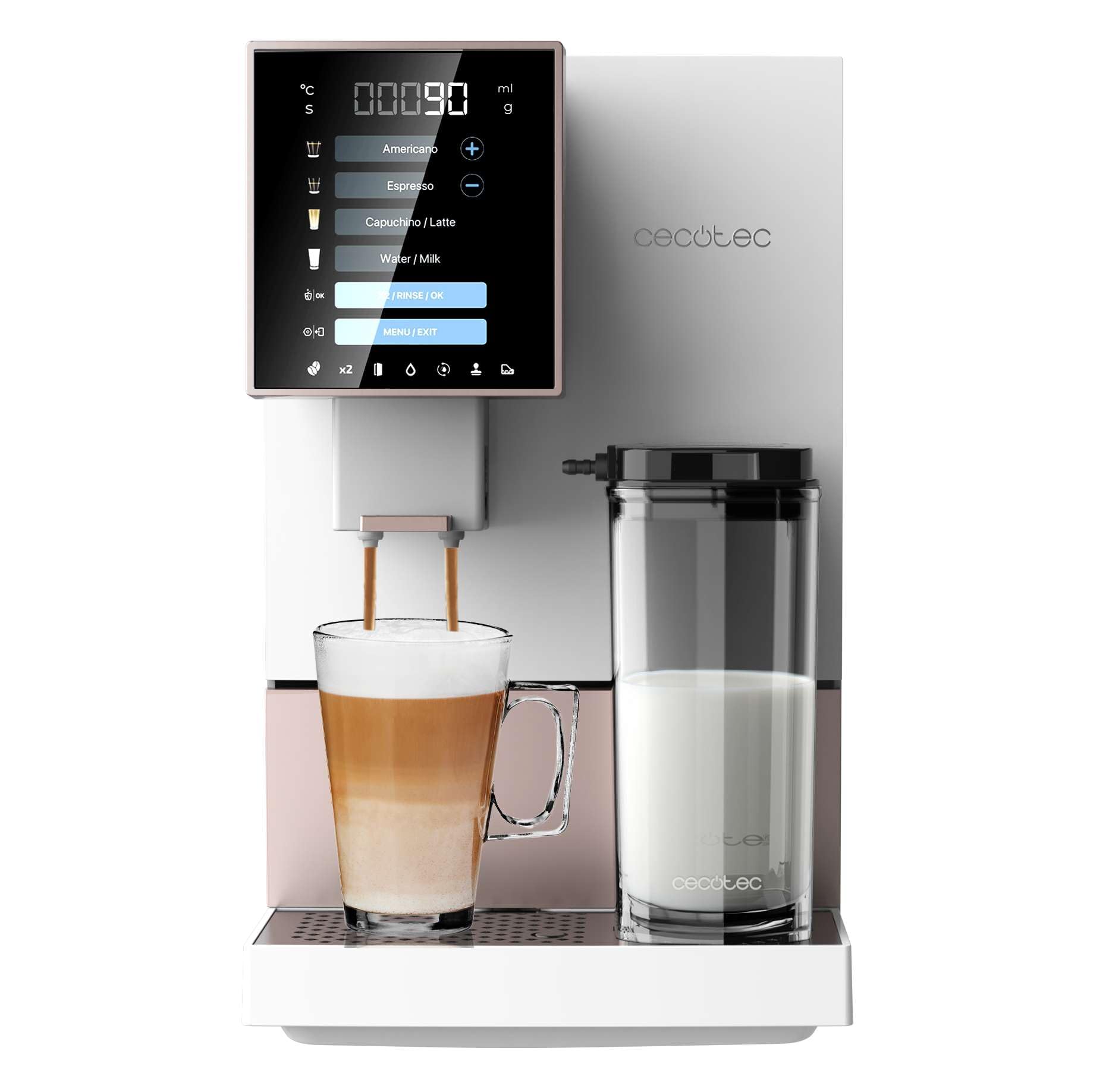 اسپرسو ساز سکوتک اسپانیا تمام اتوماتیک Cecotec مدل Cremmaet Compactccino White Rose، ظرفیت ۱۹ بار، مخزن شیر، ۵ سطح آسیاب، مخزن قهوه ۱۵۰ گرمی