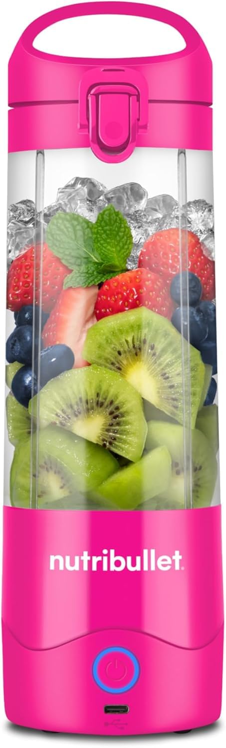 اسموتی‌ ساز همراه نوتری‌ بولت آمریکا قابل حمل Nutribullet NBP003BP، (475 میلی لیتر)، قابل شارژ، مخلوط کن کوچک، تیغه 4 تیغه، فنجان Tritan، 15+ چرخه در هر بار شارژ، قابل حمل، شارژ USB-C، صورتی