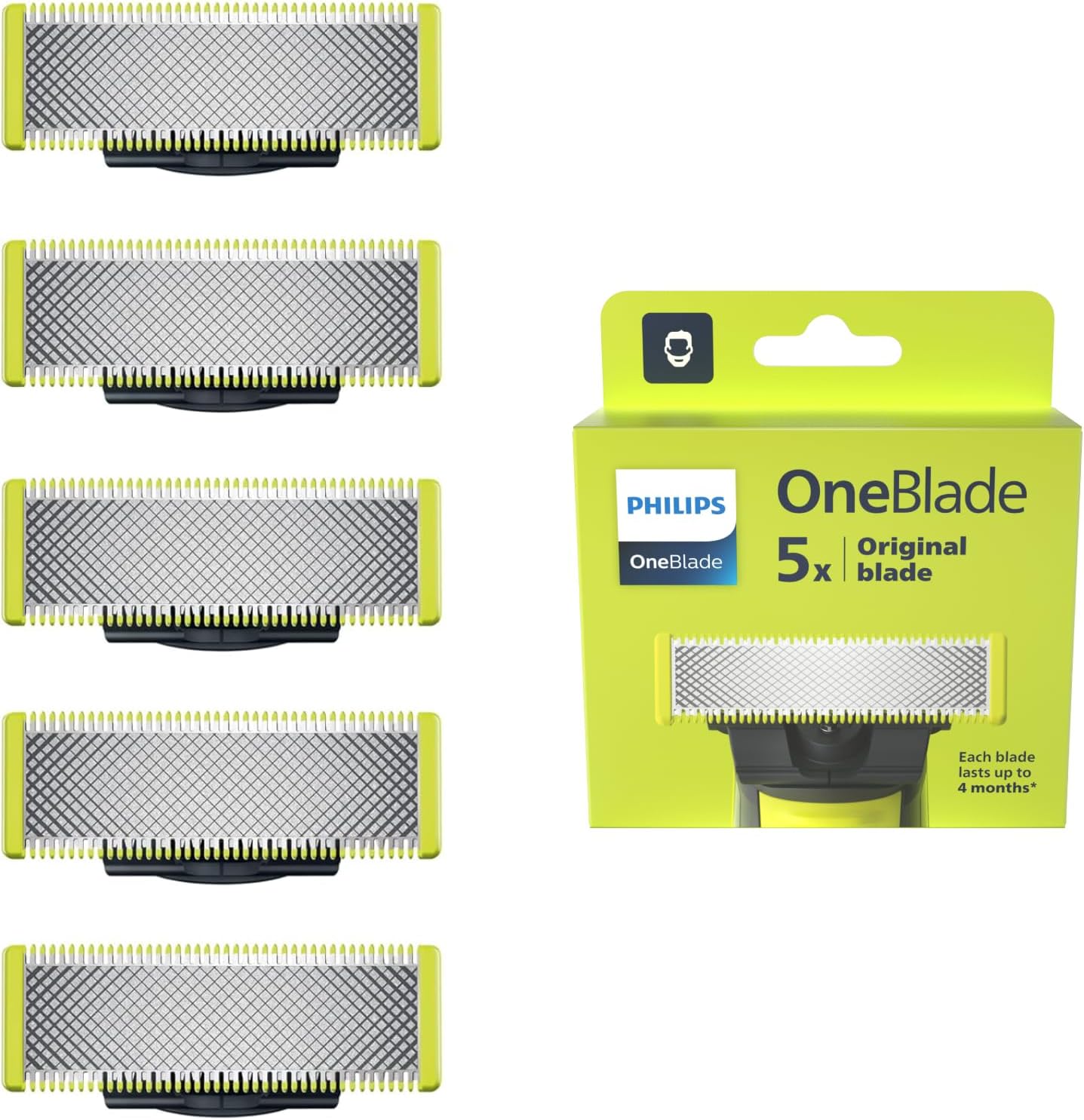 تیغه های ریش تراش اصلی Philips OneBlade - 5 برابر تیغه های جایگزین اصلی، اصلاح و اصلاح روی صورت و بدن، QP250/50
