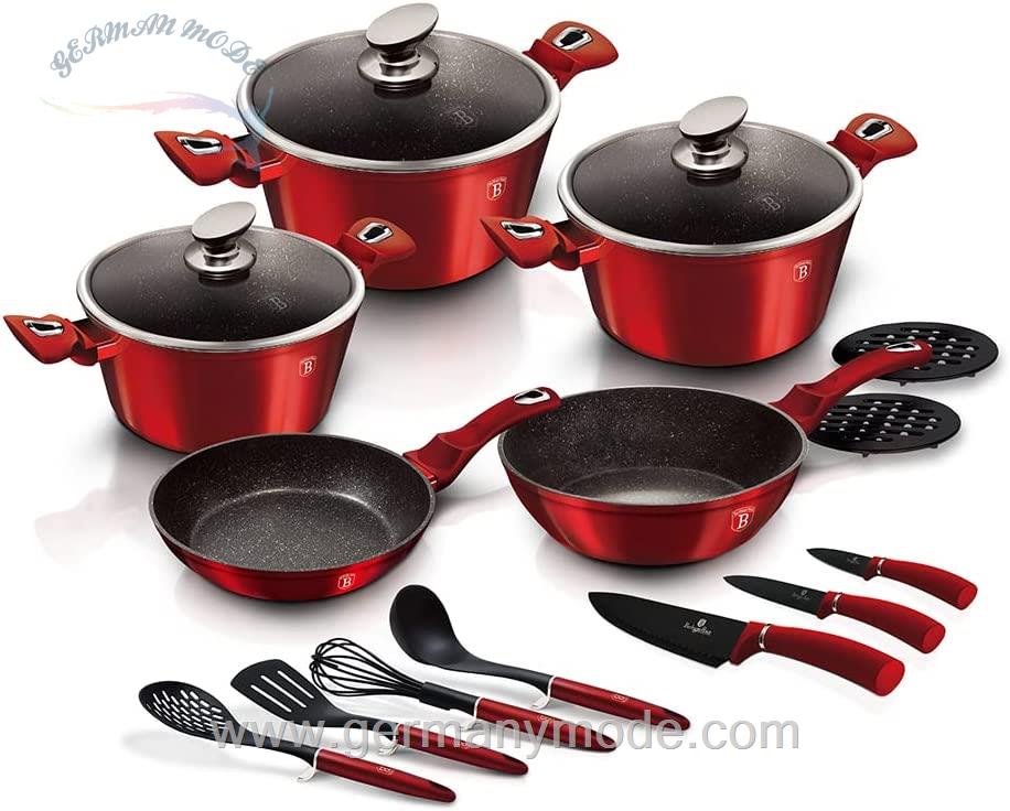 سرویس قابلمه ماهیتابه کفگیر ملاقه چاقو 17 پارچه بورگوندی برلینگر هاوس مجارستان BerlingerHaus Granittöpfe Set Metallic Line Burgund 17-teilig/‎BH/6162