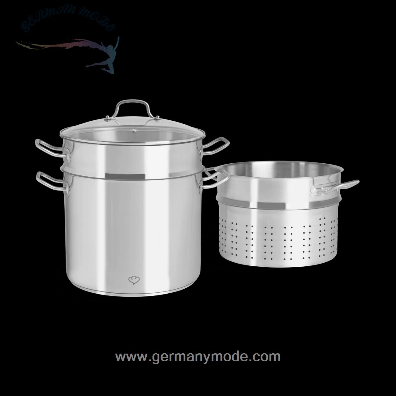 قابلمه و بخار پز اسپرینگلن آلمان Springlane Edelstahl Kochtopf 11,0 l inkl. Dampfgarer und Nudelsieb mit Glasdeckel