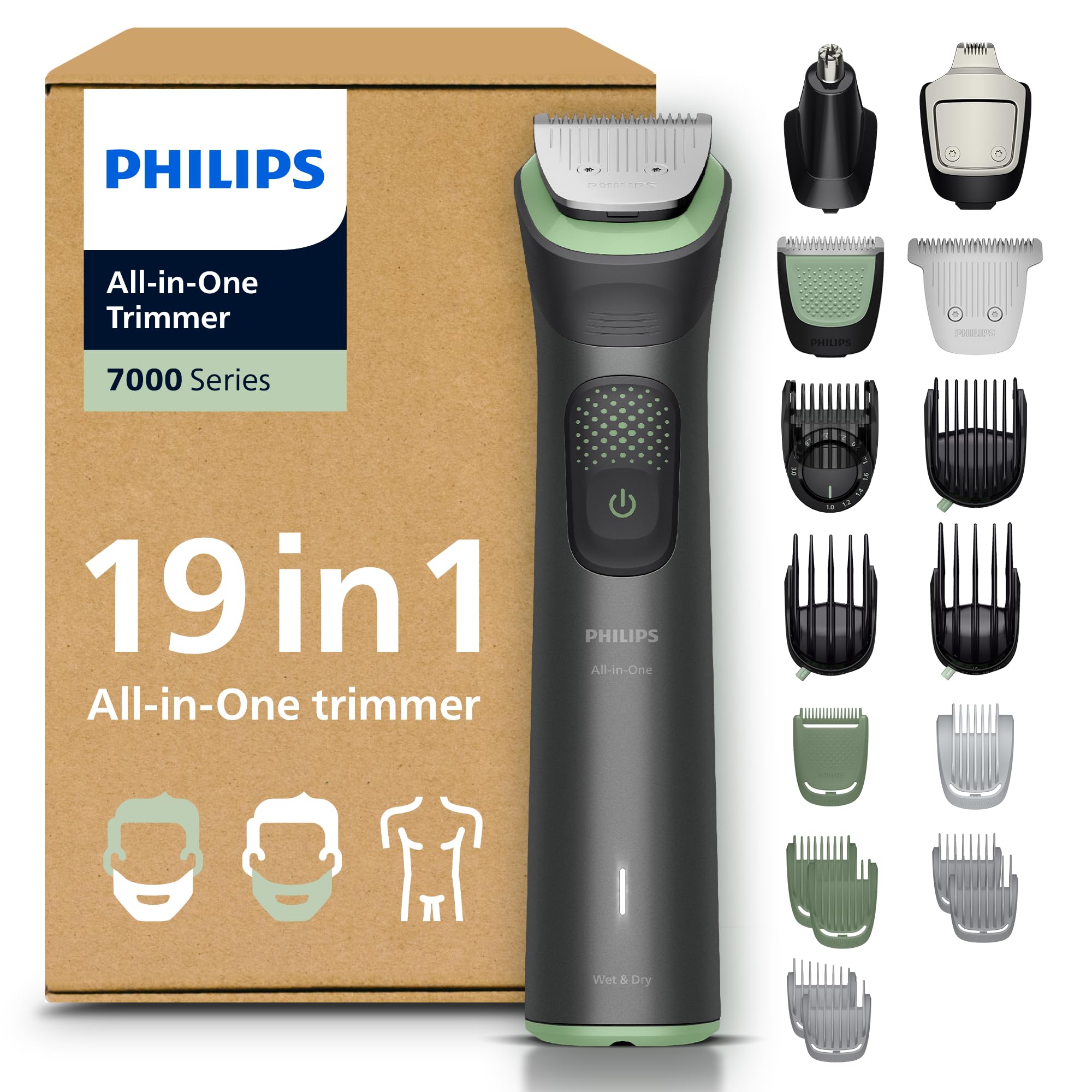 ماشین اصلاح ریش و موی فیلیپس سری Multigroom 7000 همه کاره، 19 تکه، مناسب برای صورت، سر و بدن، تیغه‌های فلزی خود تیز شونده، 26 حالت تنظیم طول (0.5-20 میلی‌متر)، مدل MG7962/30 [جدید] 19 کاره MG7000، 26 حالت تنظیم طول