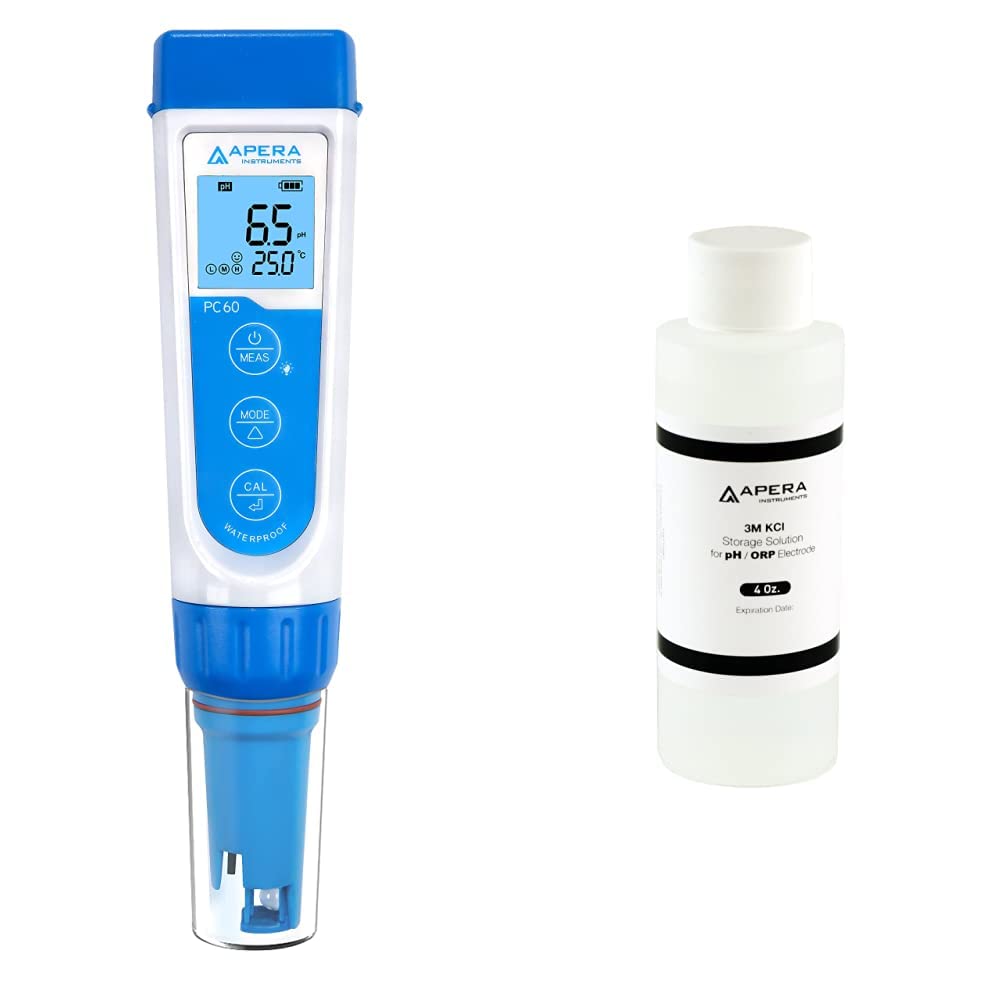 خرید از آمازون - Apera Instruments PC60 Testeur de poche multi-paramètres pH/EC/TDS/salinité avec sonde remplaçable, étanche, ± 0,01 pH/1% de précision & Solution de stockage 3M KCl (250 ml)